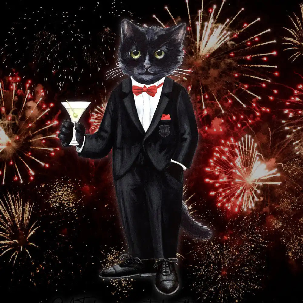 Anthropomorphic black cat in tuxedo.