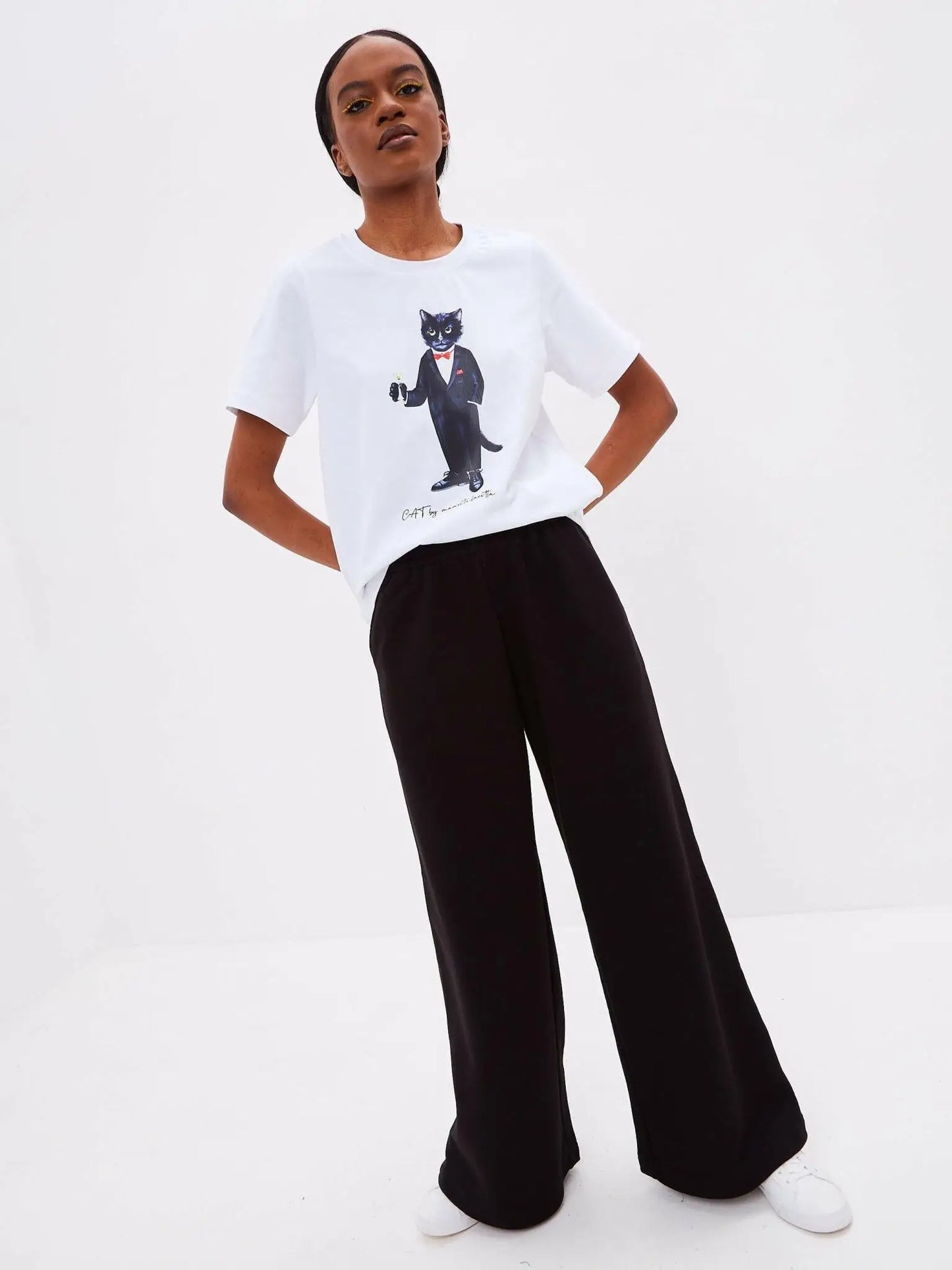 Basic set: women’s white t-shirt with dandy cat print and black wide sweatpants - Funny Cat | For Cat Lovers | CAT