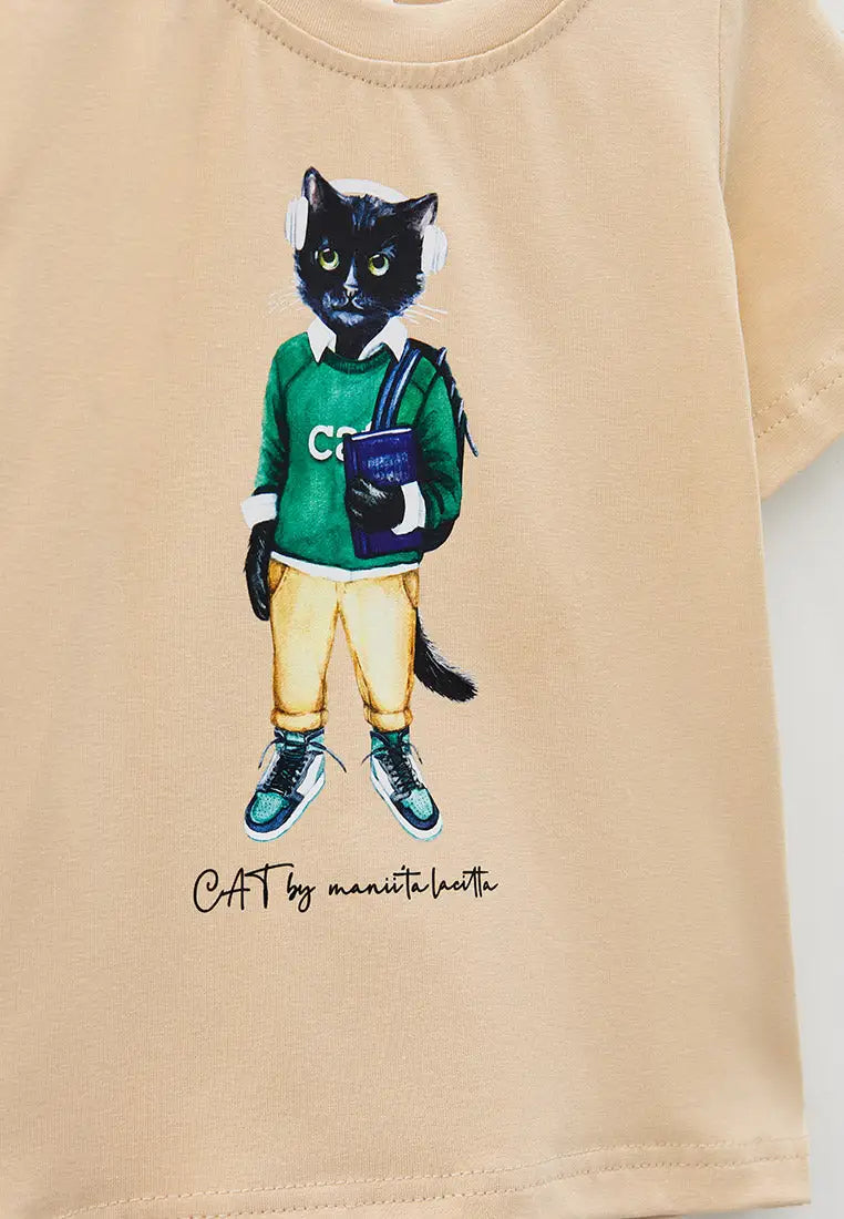 Beige Printed T-shirt SCHOOL CAT - Funny Cat T-shirt | For Cat Lovers | CAT by maniita lacitta