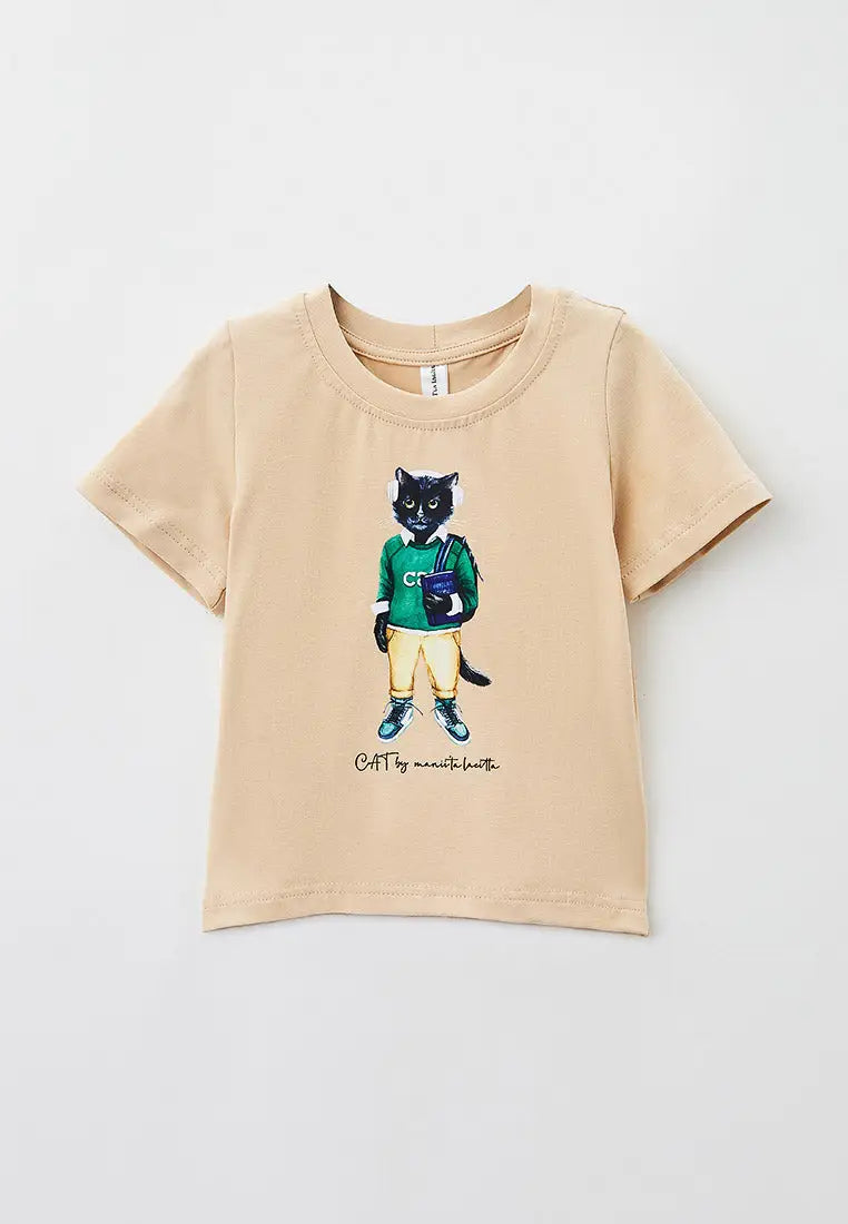 Beige Printed T-shirt SCHOOL CAT - Funny Cat T-shirt | For Cat Lovers | CAT by maniita lacitta