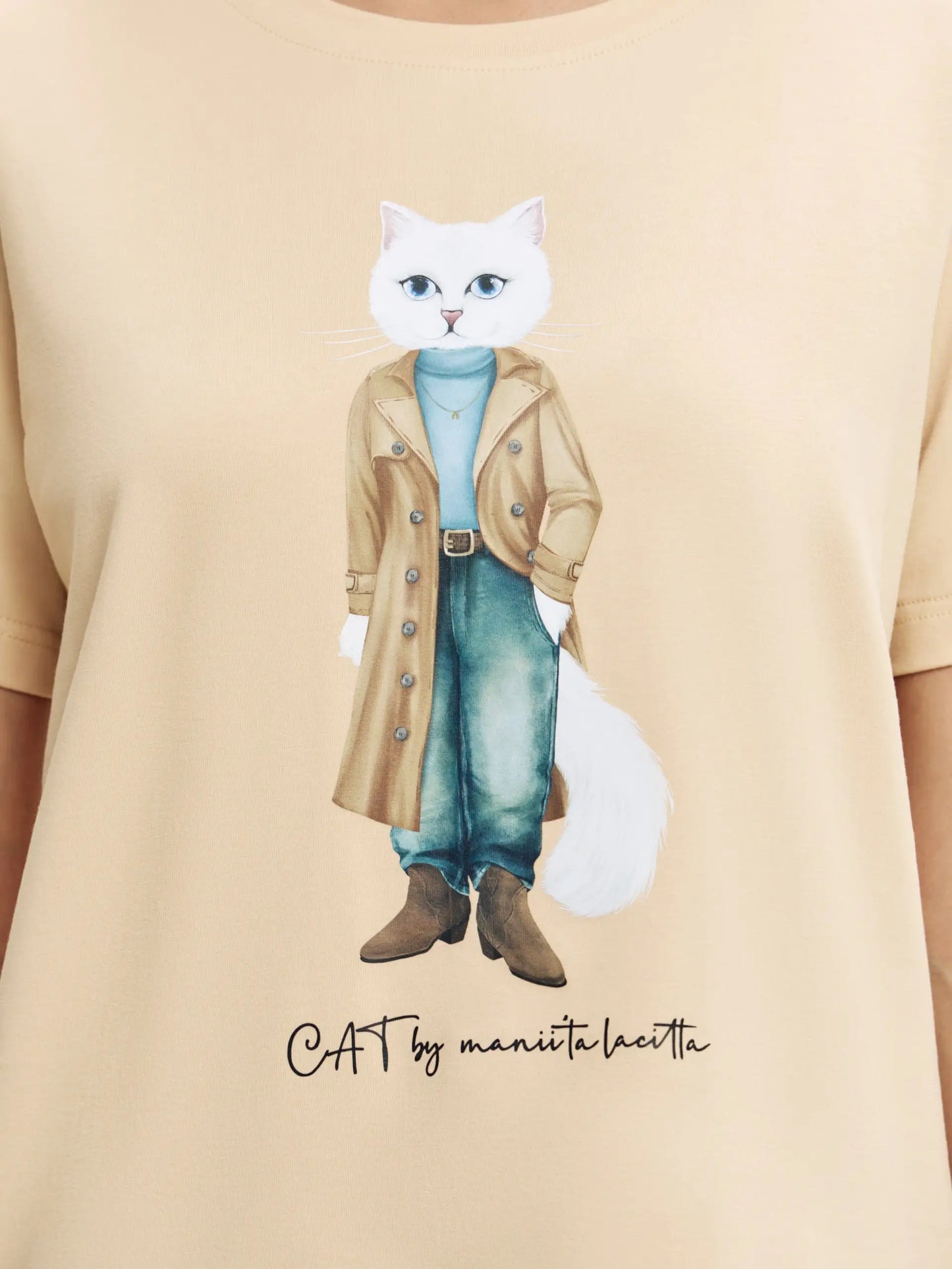 Olive t-shirt trench coat white cat - Funny Cat T-shirt | For Cat Lovers | CAT by maniita lacitta