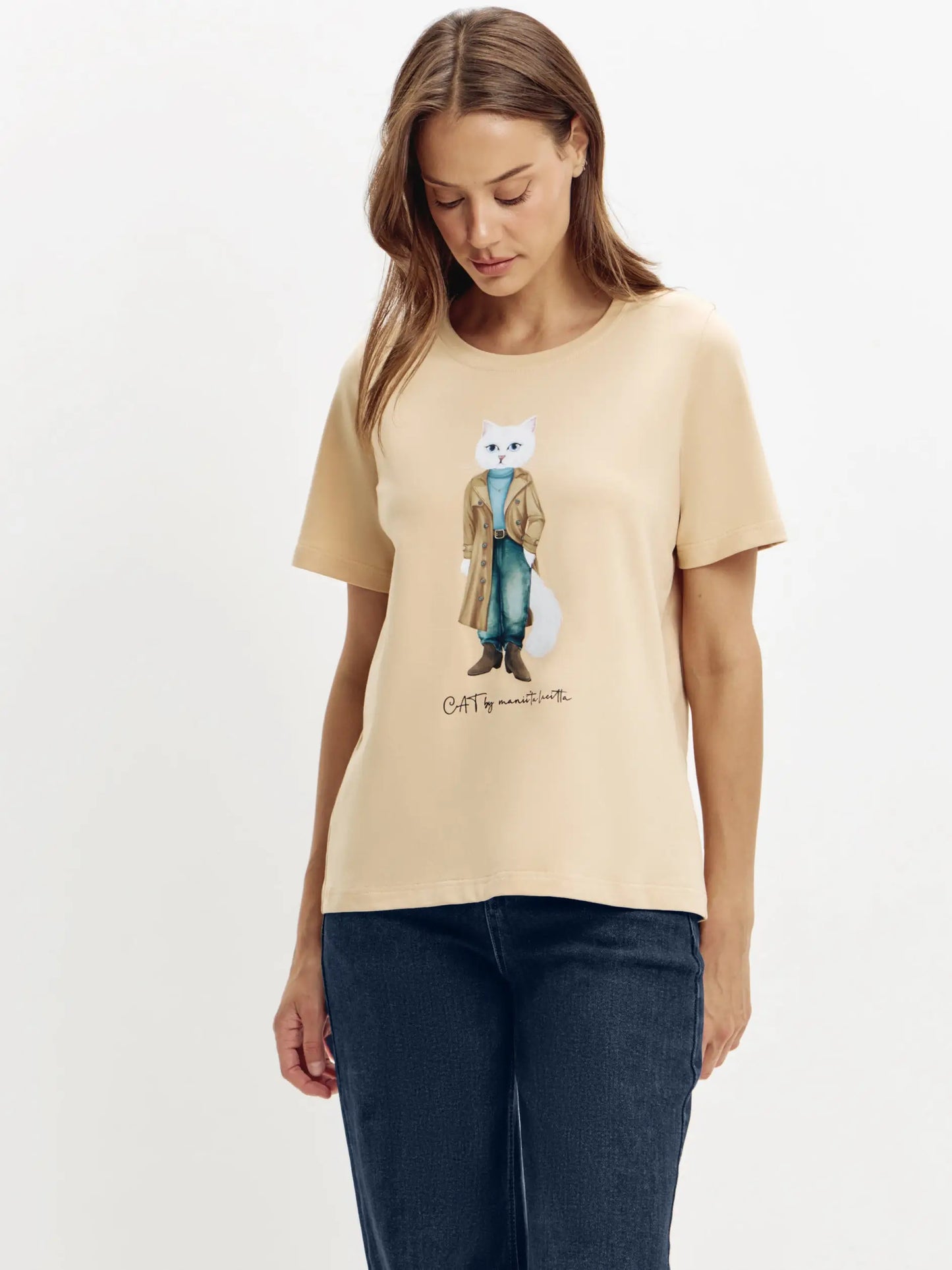 Beige t-shirt trench coat white cat - Funny Cat T-shirt | For Cat Lovers | CAT by maniita lacitta