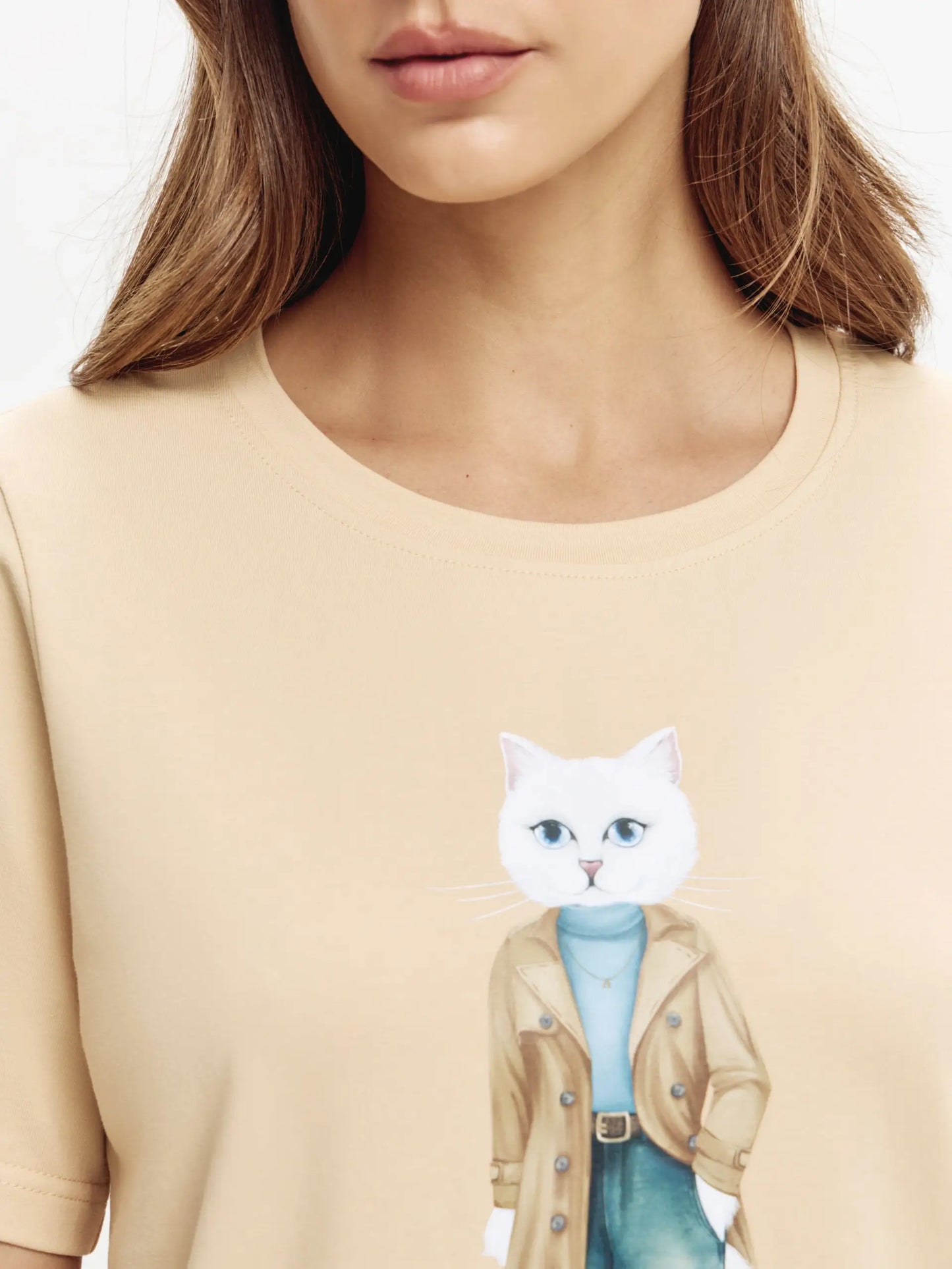 Beige t-shirt trench coat white cat - Funny Cat T-shirt | For Cat Lovers | CAT by maniita lacitta
