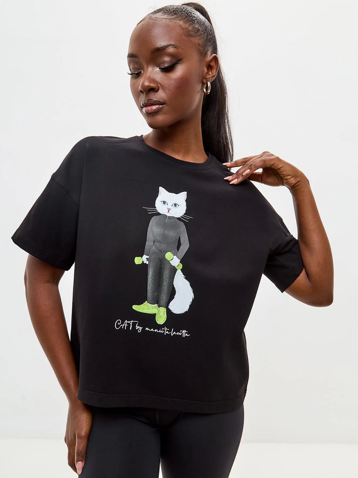 Black short oversized t-shirt sport cat - Funny Cat T-shirt | For Cat Lovers | CAT by maniita lacitta