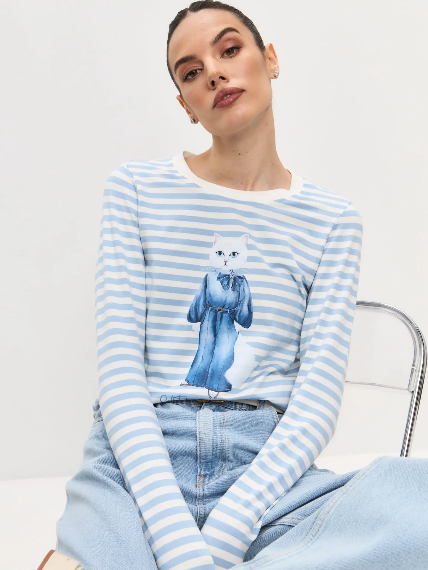 Blue longsleeve denim cat - Funny Cat Shirt & Striped shirt | For Cat Lovers | CAT by maniita