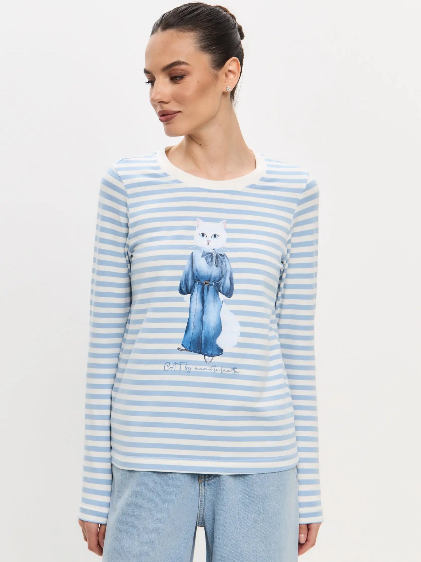 Blue longsleeve denim cat - Funny Cat Shirt & Striped shirt | For Cat Lovers | CAT by maniita