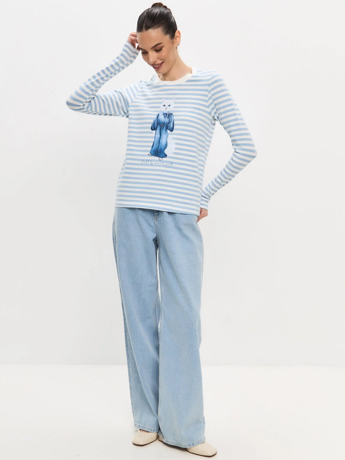 Blue longsleeve denim cat - Funny Cat Shirt & Striped shirt | For Cat Lovers | CAT by maniita