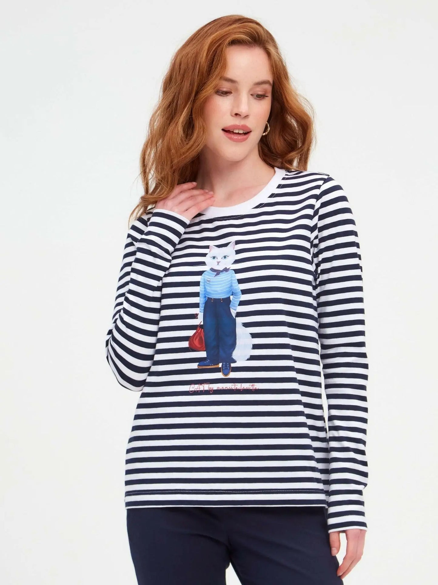 Blue longsleeve mariner cat - Funny Cat Shirt & Striped shirt | For Cat Lovers | CAT by maniita