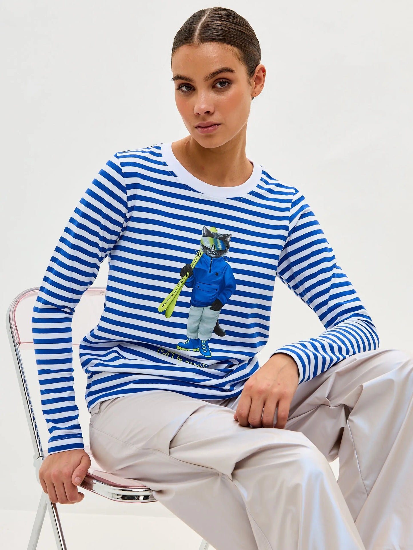 Blue longsleeve ski cat - Funny Cat Shirt & Striped shirt | For Cat Lovers | CAT by maniita