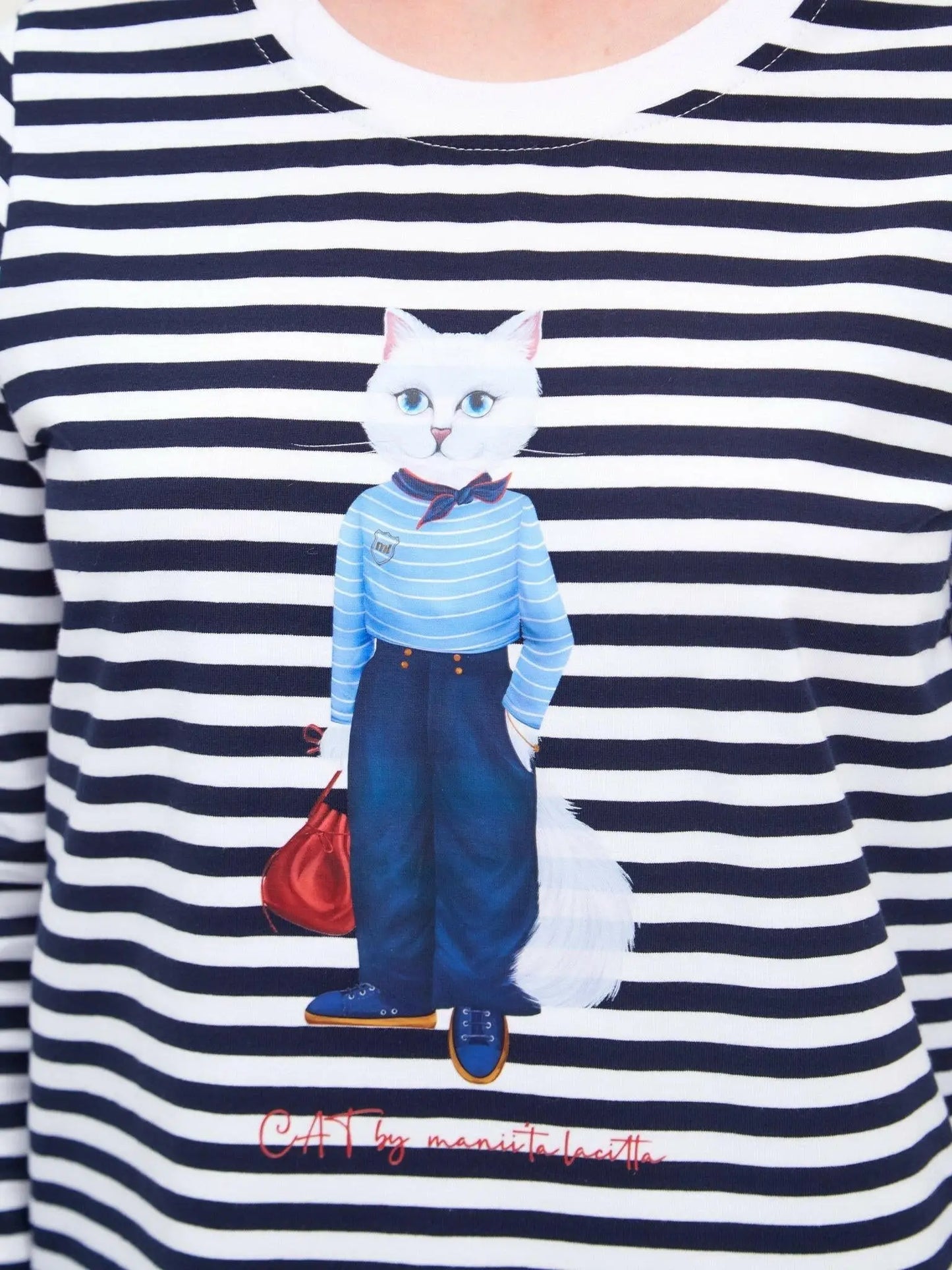 Blue printed longsleeve mariner cat - Funny Cat Shirt & Striped shirt | For Cat Lovers | CAT by maniita