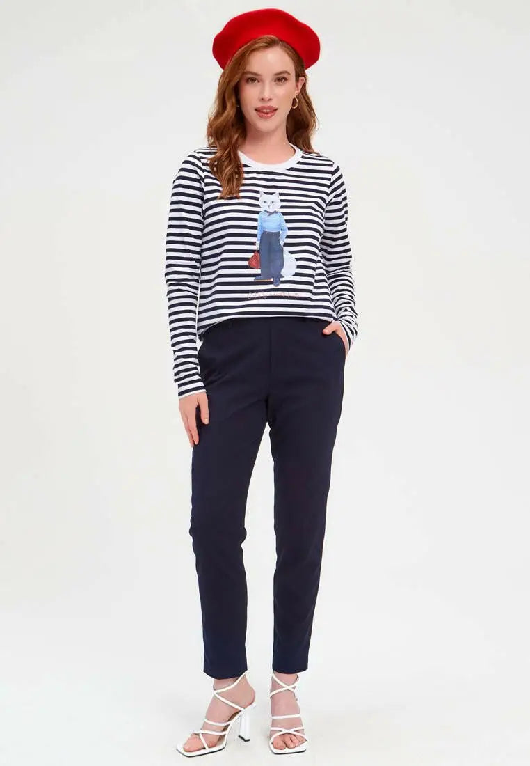 Blue printed longsleeve mariner cat - Funny Cat Shirt & Striped shirt | For Cat Lovers | CAT by maniita