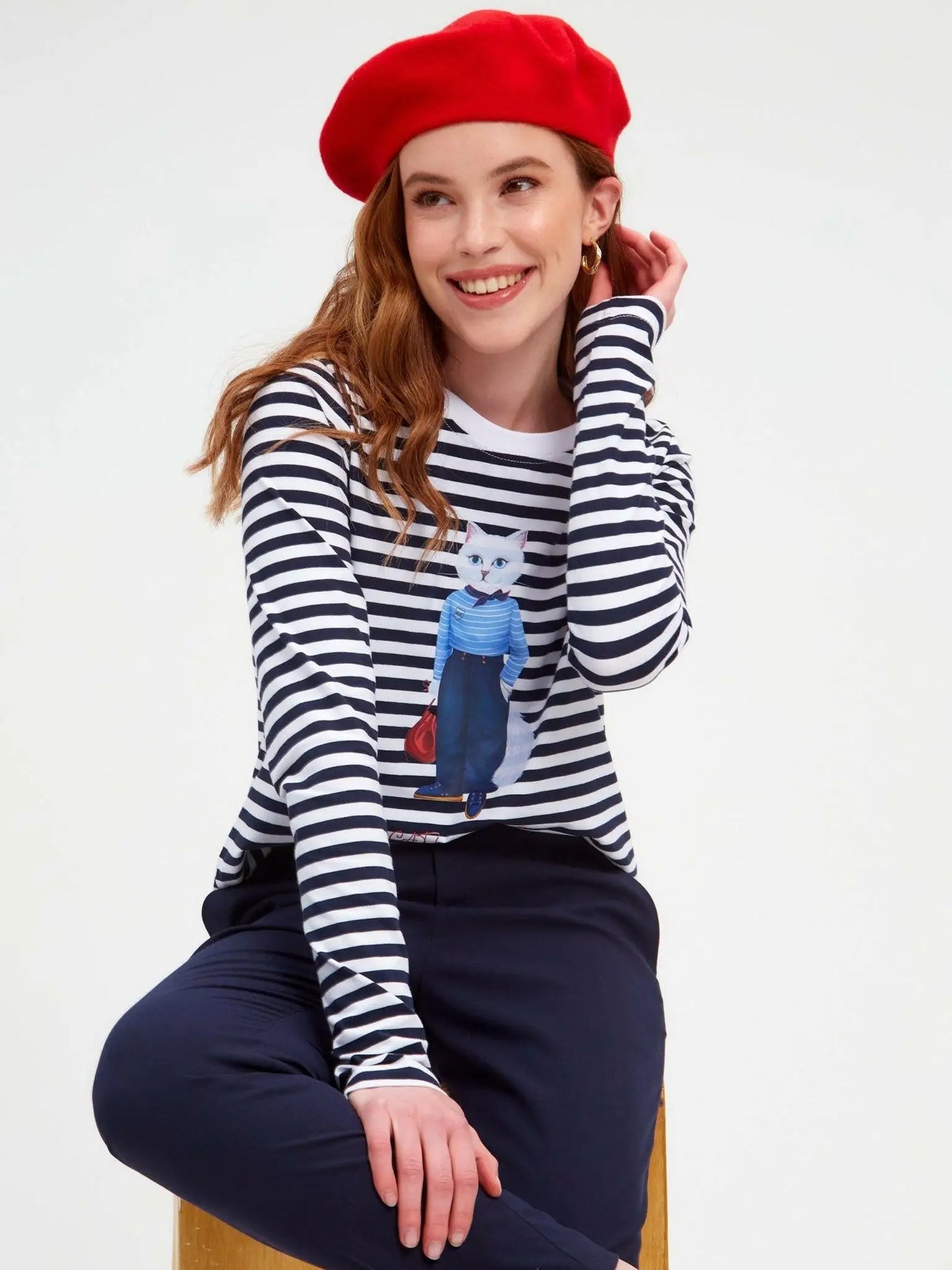 Blue printed longsleeve mariner cat - Funny Cat Shirt & Striped shirt | For Cat Lovers | CAT by maniita