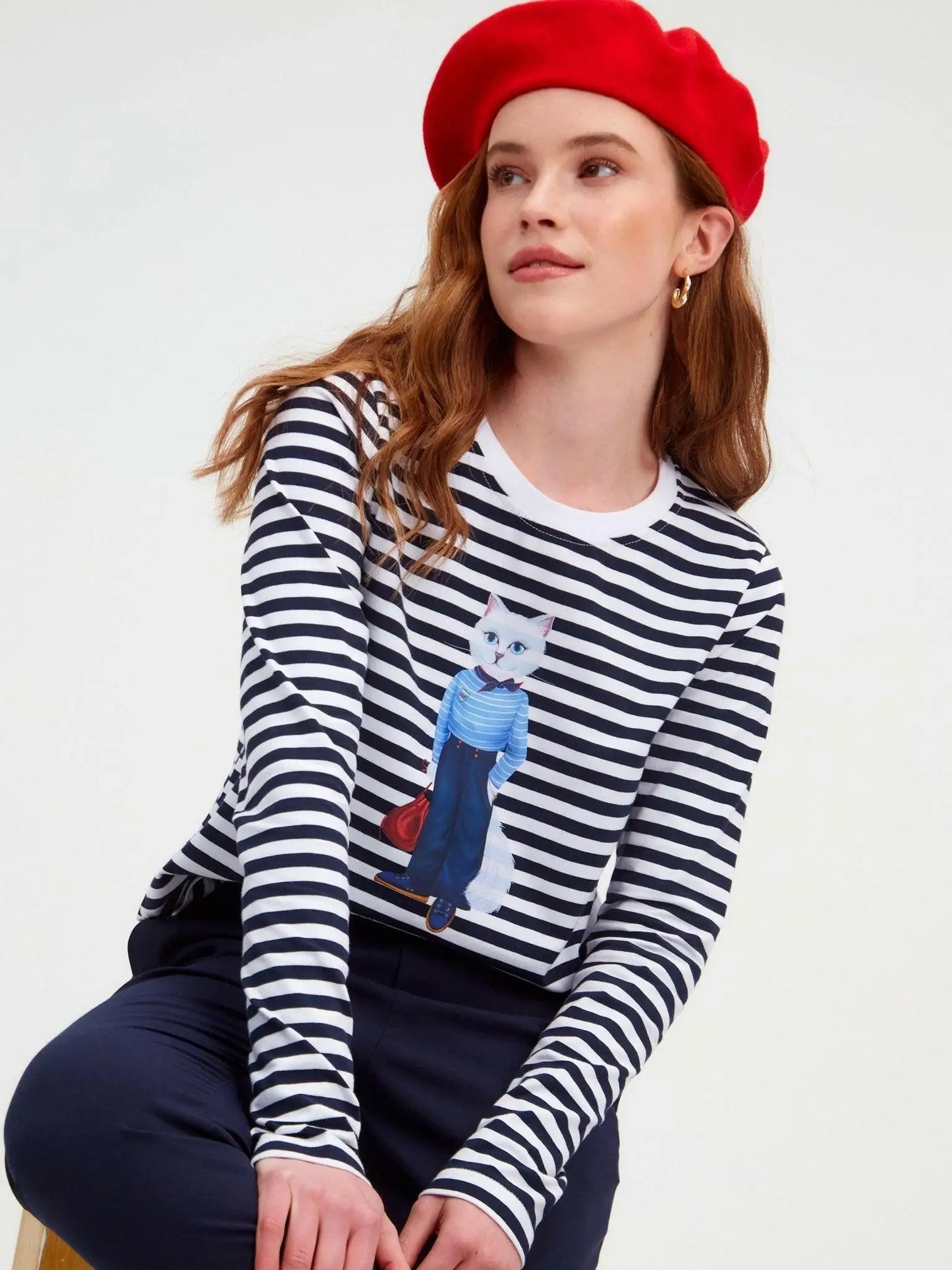 Blue printed longsleeve mariner cat - Funny Cat Shirt & Striped shirt | For Cat Lovers | CAT by maniita