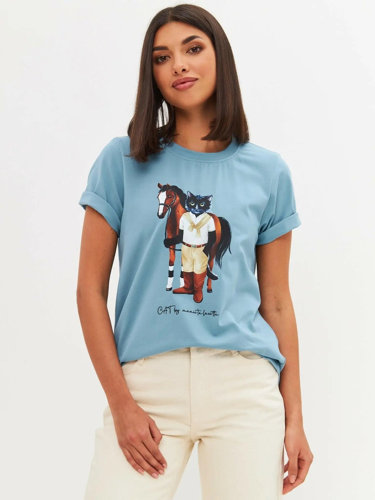 Blue printed t-shirt rider cat - Funny Cat T-shirt | For Cat Lovers | CAT by maniita lacitta