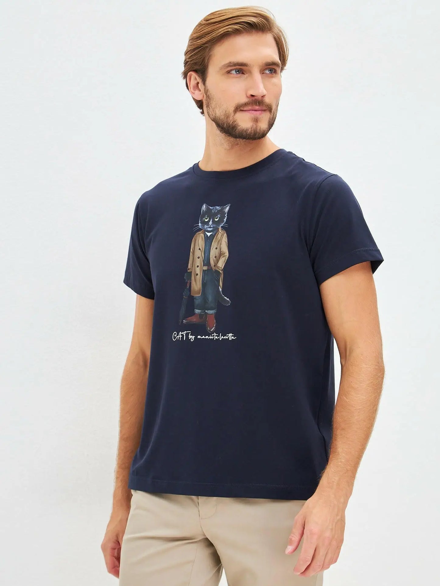 Blue printed t-shirt trench coat cat - Funny Cat T-shirt | For Cat Lovers | CAT by maniita lacitta