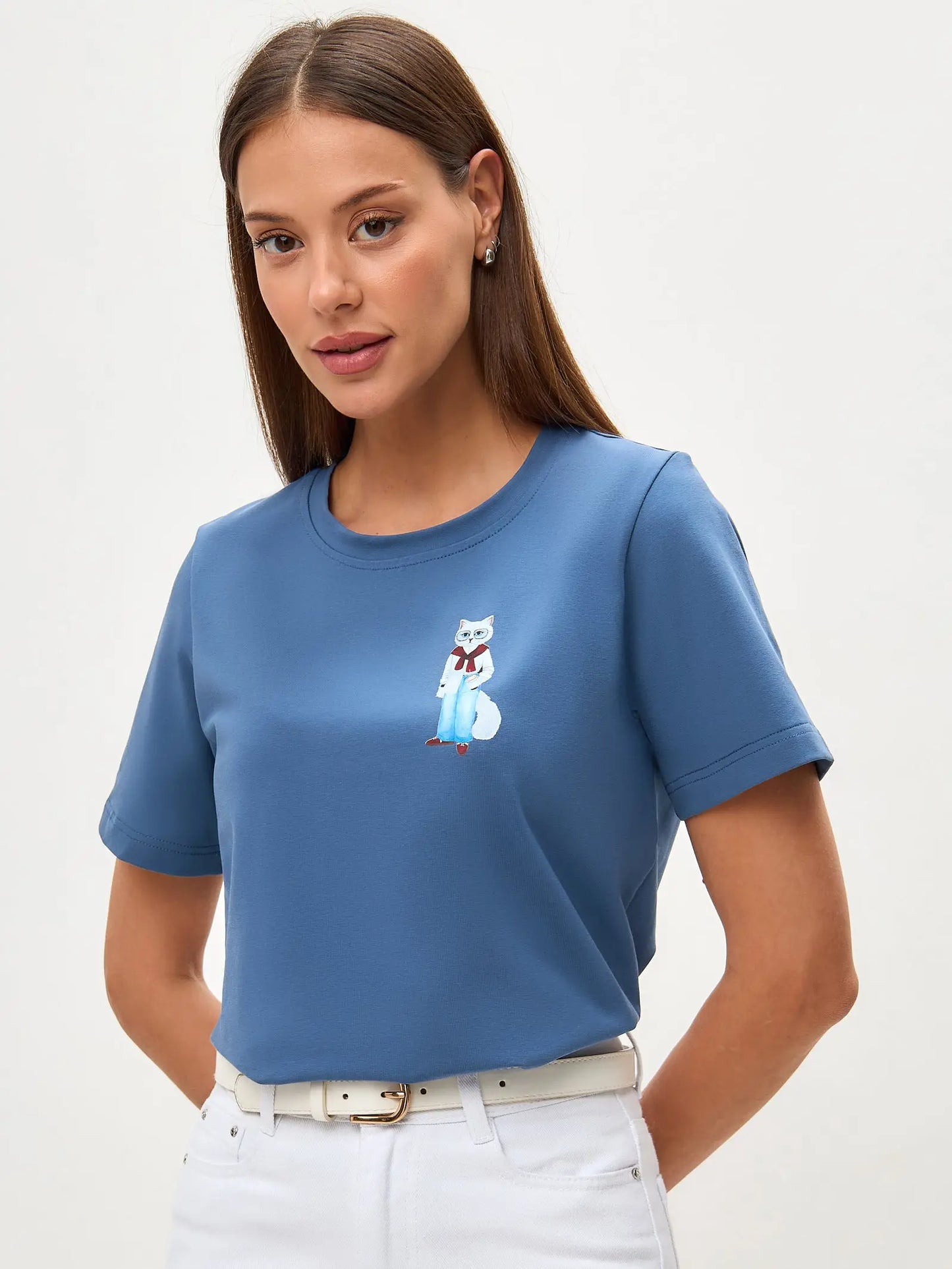 Blue Printed T-shirt COFFEE CAT - T-shirt