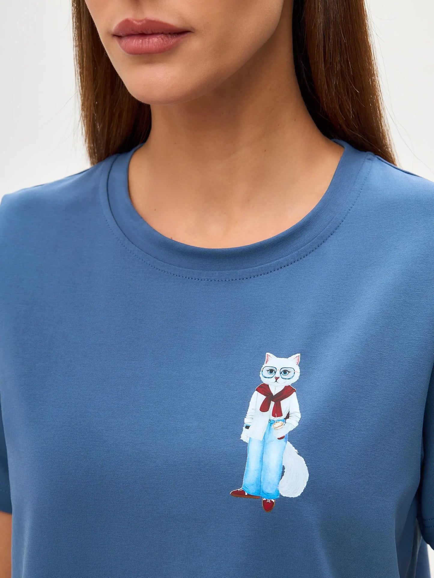 Blue Printed T-shirt COFFEE CAT - T-shirt