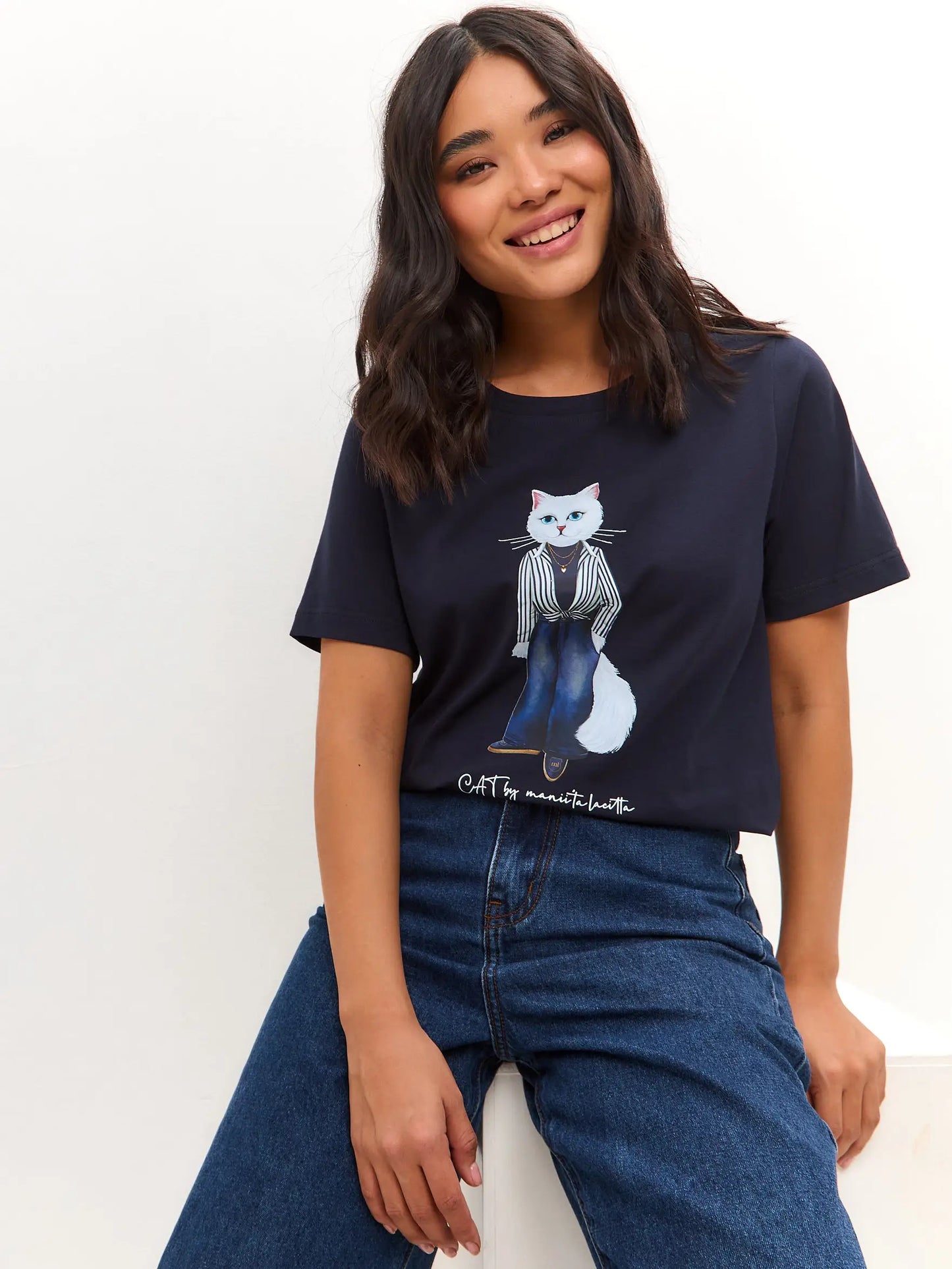 Blue t-shirt country white cat - Funny Cat T-shirt | For Cat Lovers | CAT by maniita lacitta