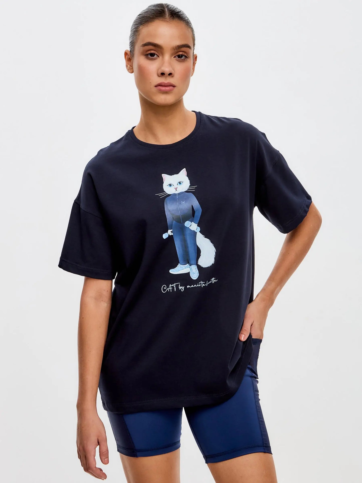Blue t-shirt sport white cat - Funny Cat T-shirt | For Cat Lovers | CAT by maniita lacitta