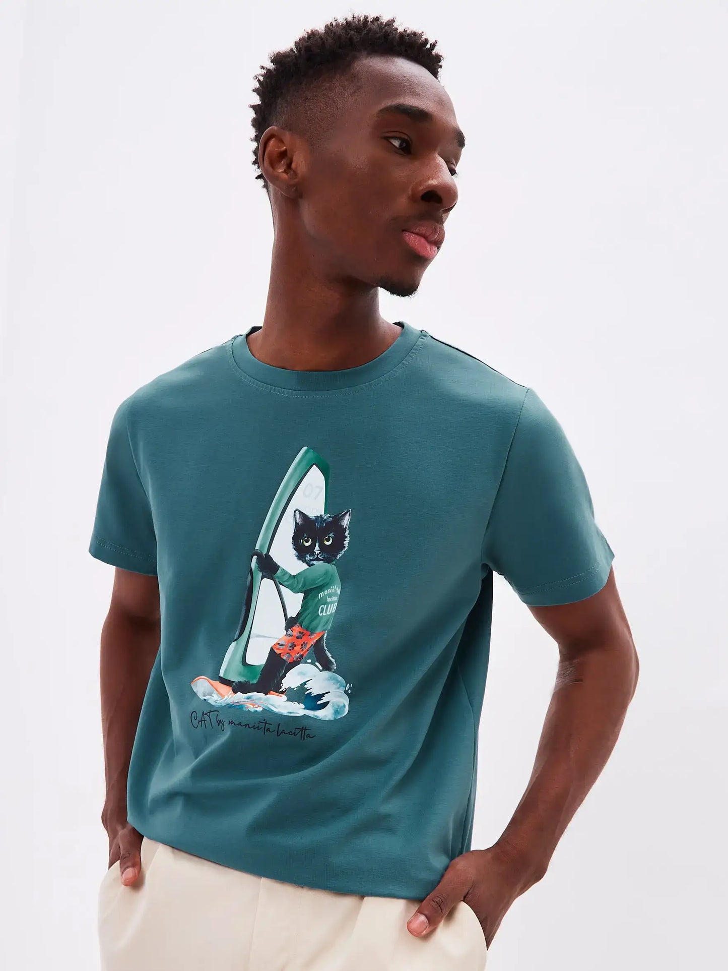 Blue Printed T-shirt SURFER CAT - T-shirt