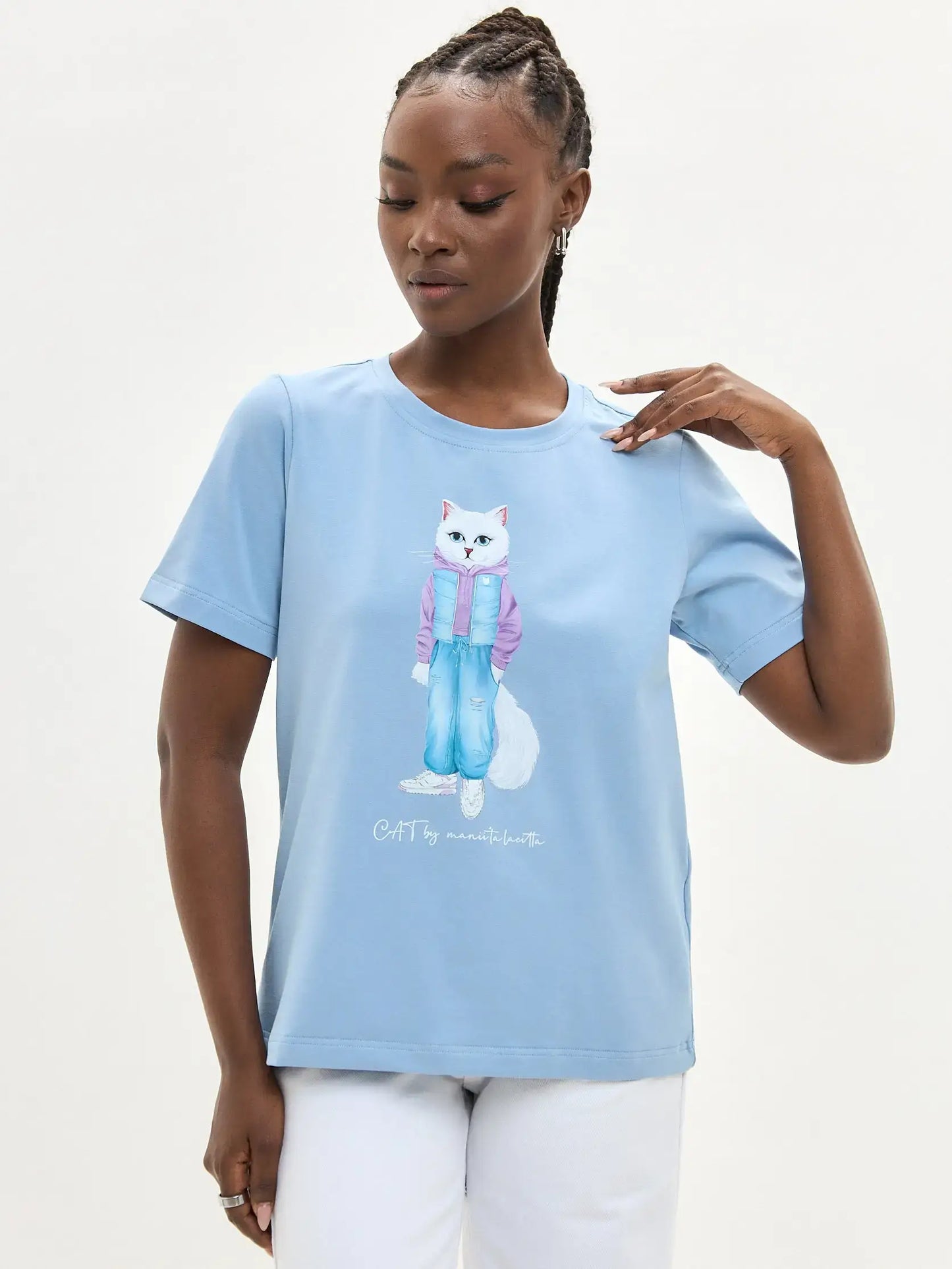 Blue Printed T-shirt WALKING CAT - T-shirt