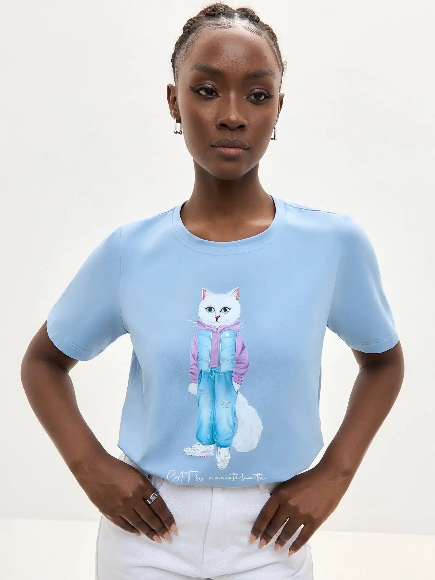 Blue Printed T-shirt WALKING CAT - T-shirt