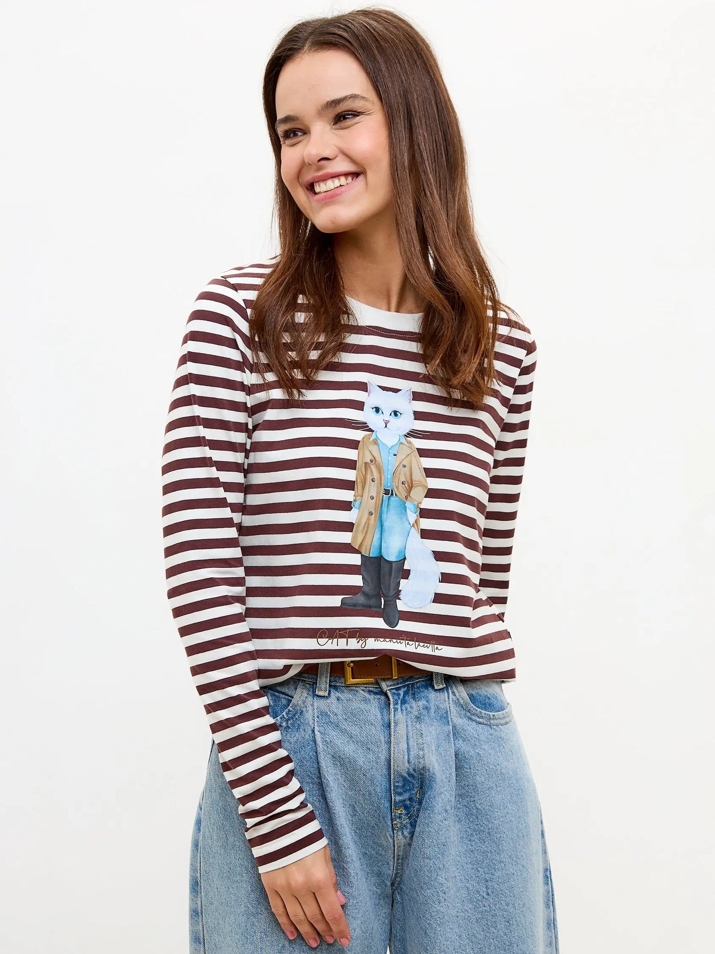 Brown longsleeve trench coat cat - Funny Cat Shirt & Striped shirt | For Cat Lovers | CAT by maniita