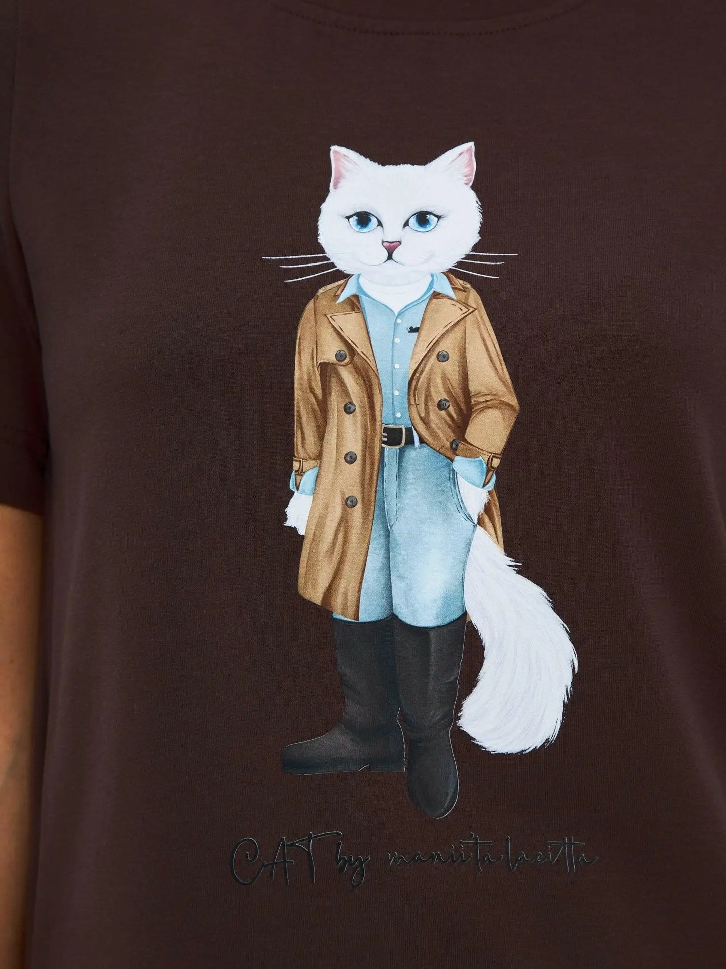 Brown printed t-shirt trench coat white cat - Funny Cat T-shirt | For Cat Lovers | CAT by maniita lacitta