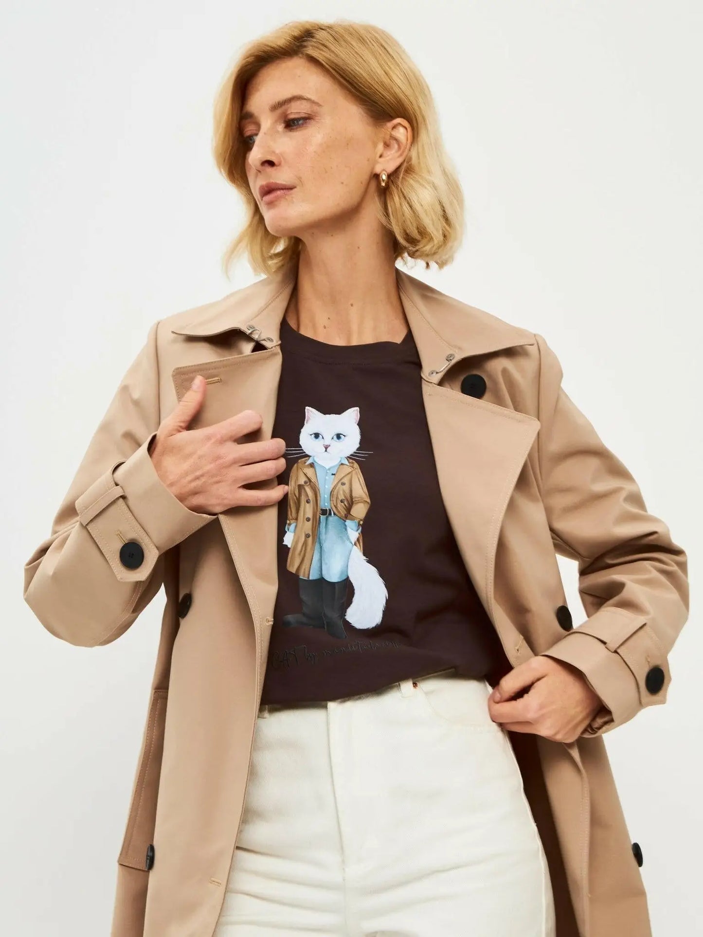 Brown printed t-shirt trench coat white cat - Funny Cat T-shirt | For Cat Lovers | CAT by maniita lacitta
