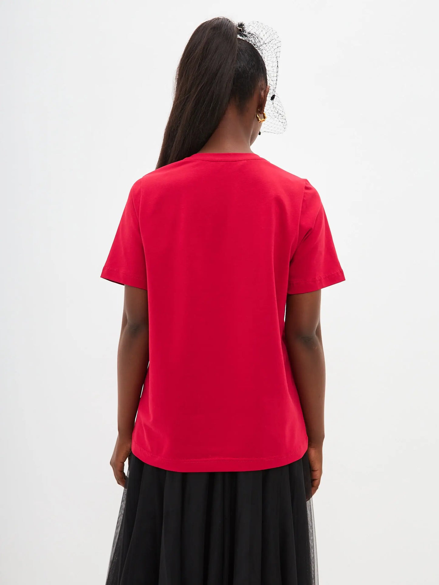 Christmas set: women’s red t-shirt with a black cat and a black tulle maxi skirt - Funny Cat | For Cat Lovers | CAT