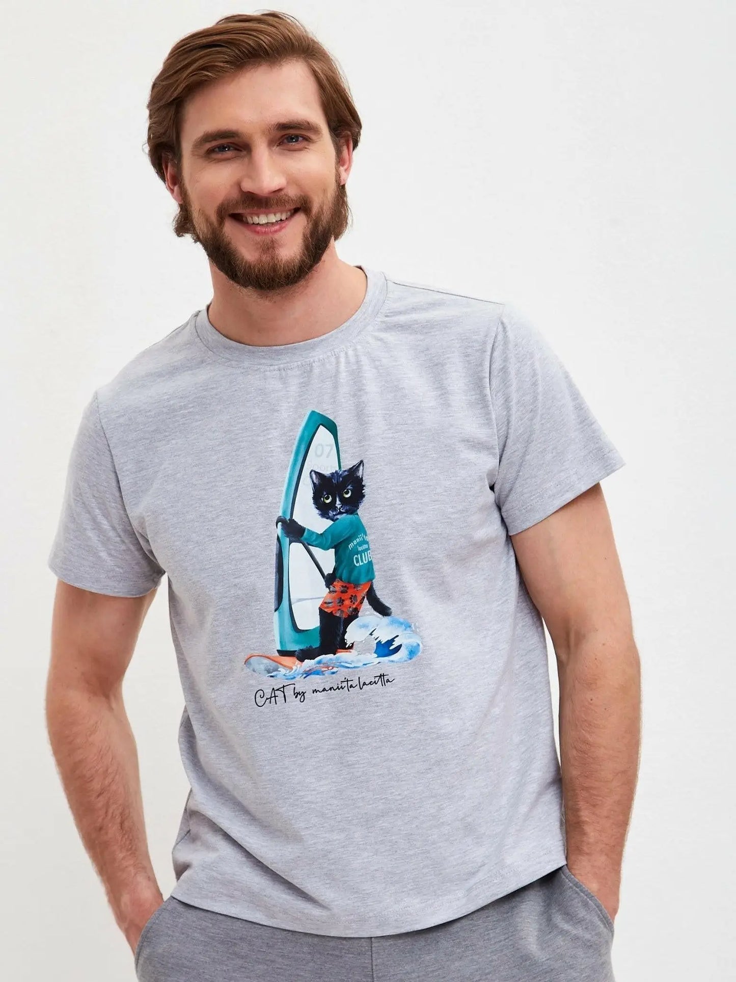 Grey printed t-shirt surfer cat - Funny Cat T-shirt | For Cat Lovers | CAT by maniita lacitta
