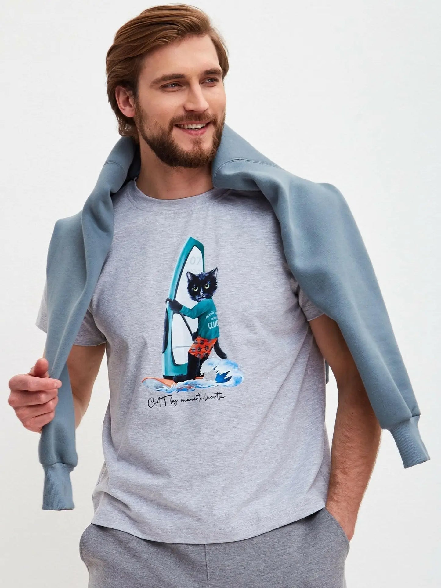 Grey printed t-shirt surfer cat - Funny Cat T-shirt | For Cat Lovers | CAT by maniita lacitta