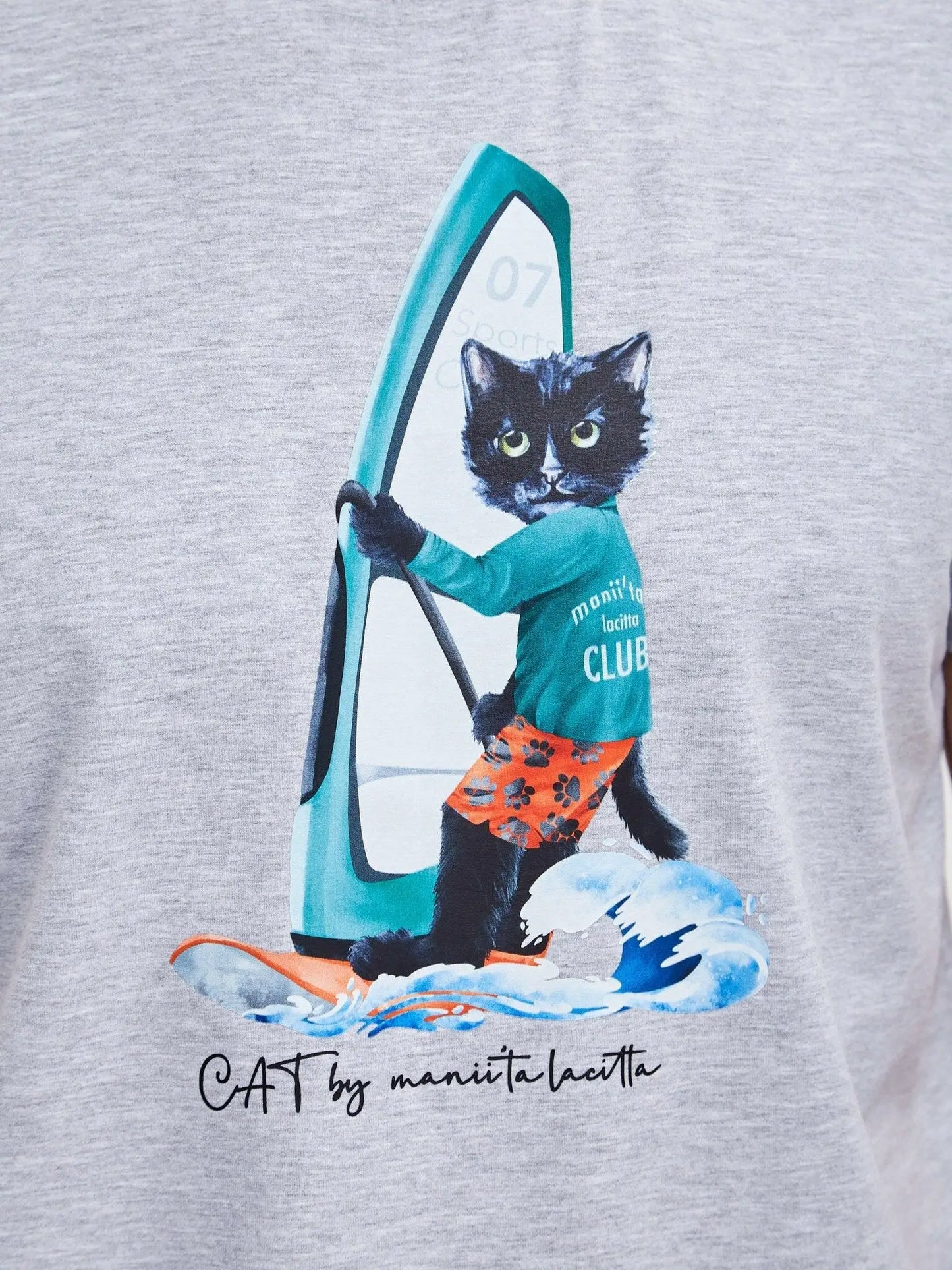 Grey printed t-shirt surfer cat - Funny Cat T-shirt | For Cat Lovers | CAT by maniita lacitta