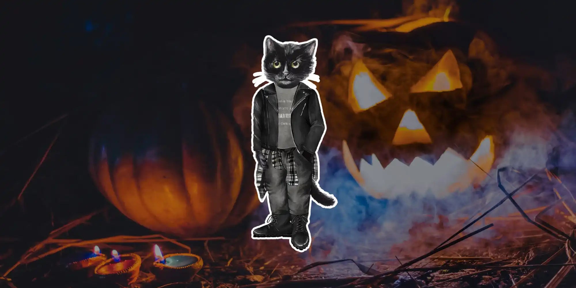 Halloween-themed cat illustration.