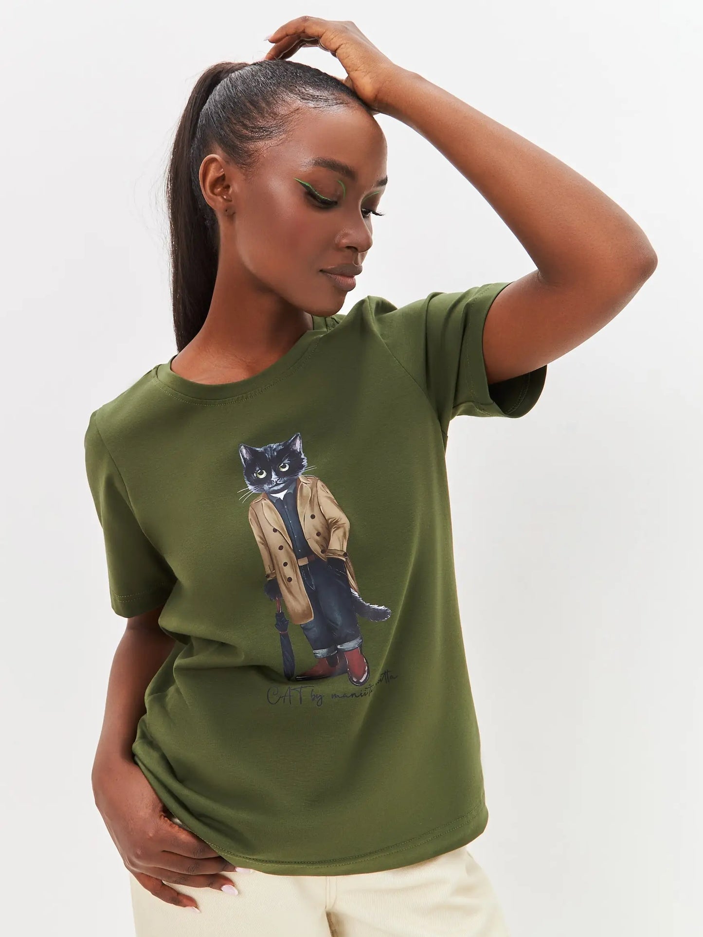 Olive printed t-shirt trench coat cat - Funny Cat T-shirt | For Cat Lovers | CAT by maniita lacitta