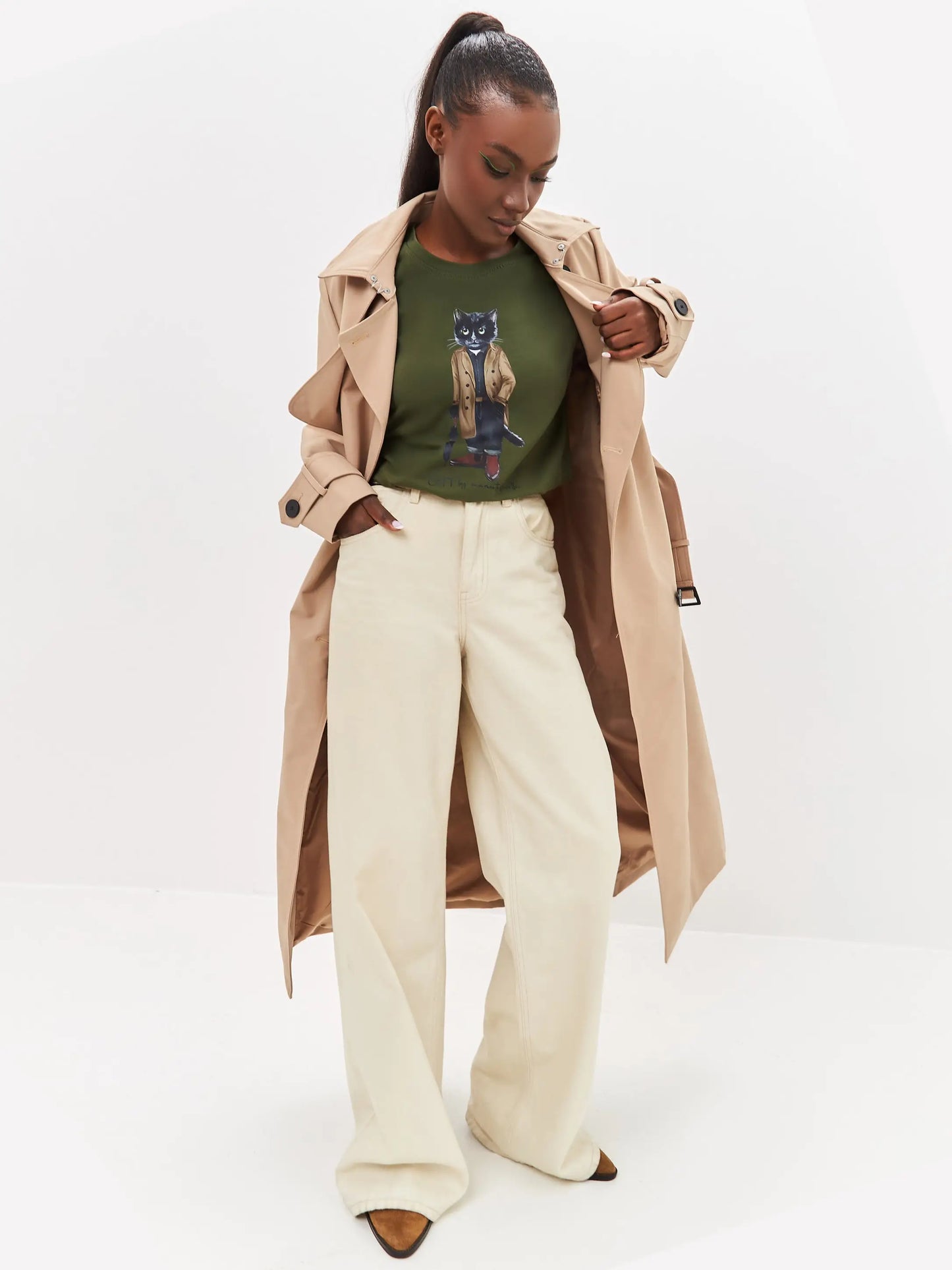 Olive printed t-shirt trench coat cat - Funny Cat T-shirt | For Cat Lovers | CAT by maniita lacitta