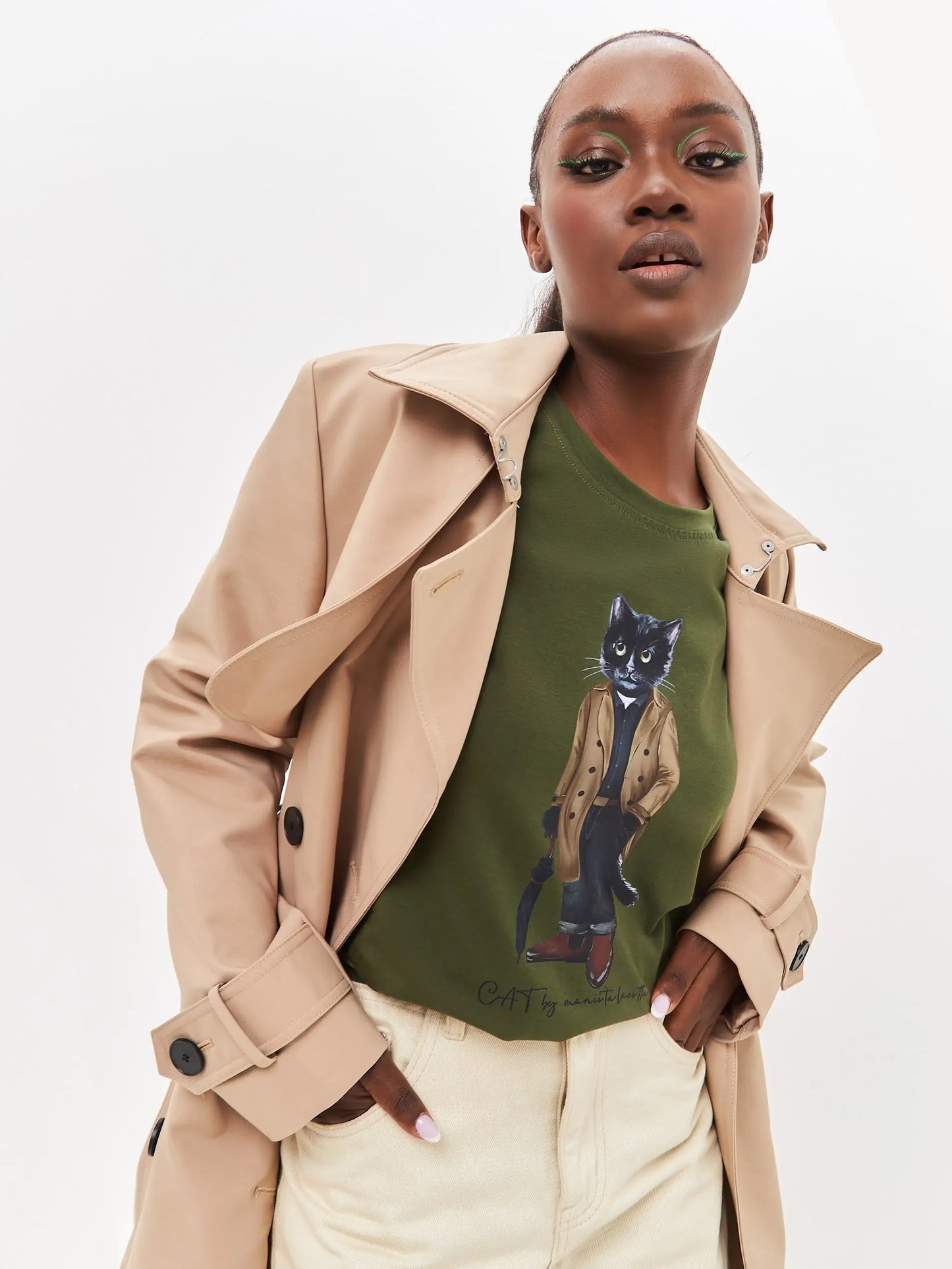 Olive printed t-shirt trench coat cat - Funny Cat T-shirt | For Cat Lovers | CAT by maniita lacitta
