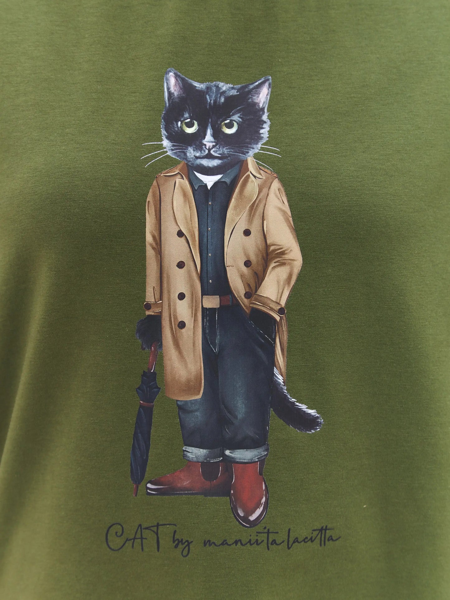 Olive printed t-shirt trench coat cat - Funny Cat T-shirt | For Cat Lovers | CAT by maniita lacitta