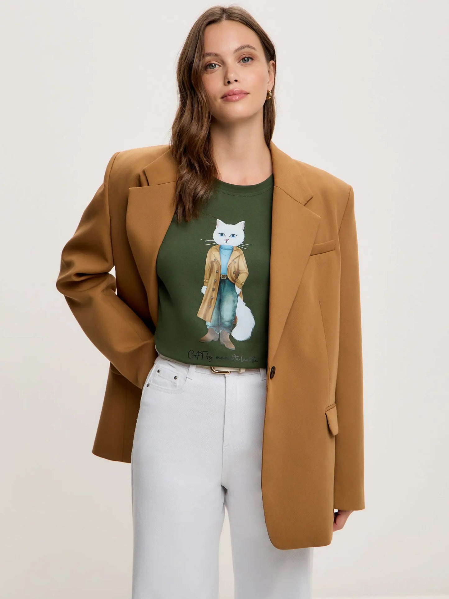 Olive t-shirt trench coat white cat - Funny Cat T-shirt | For Cat Lovers | CAT by maniita lacitta