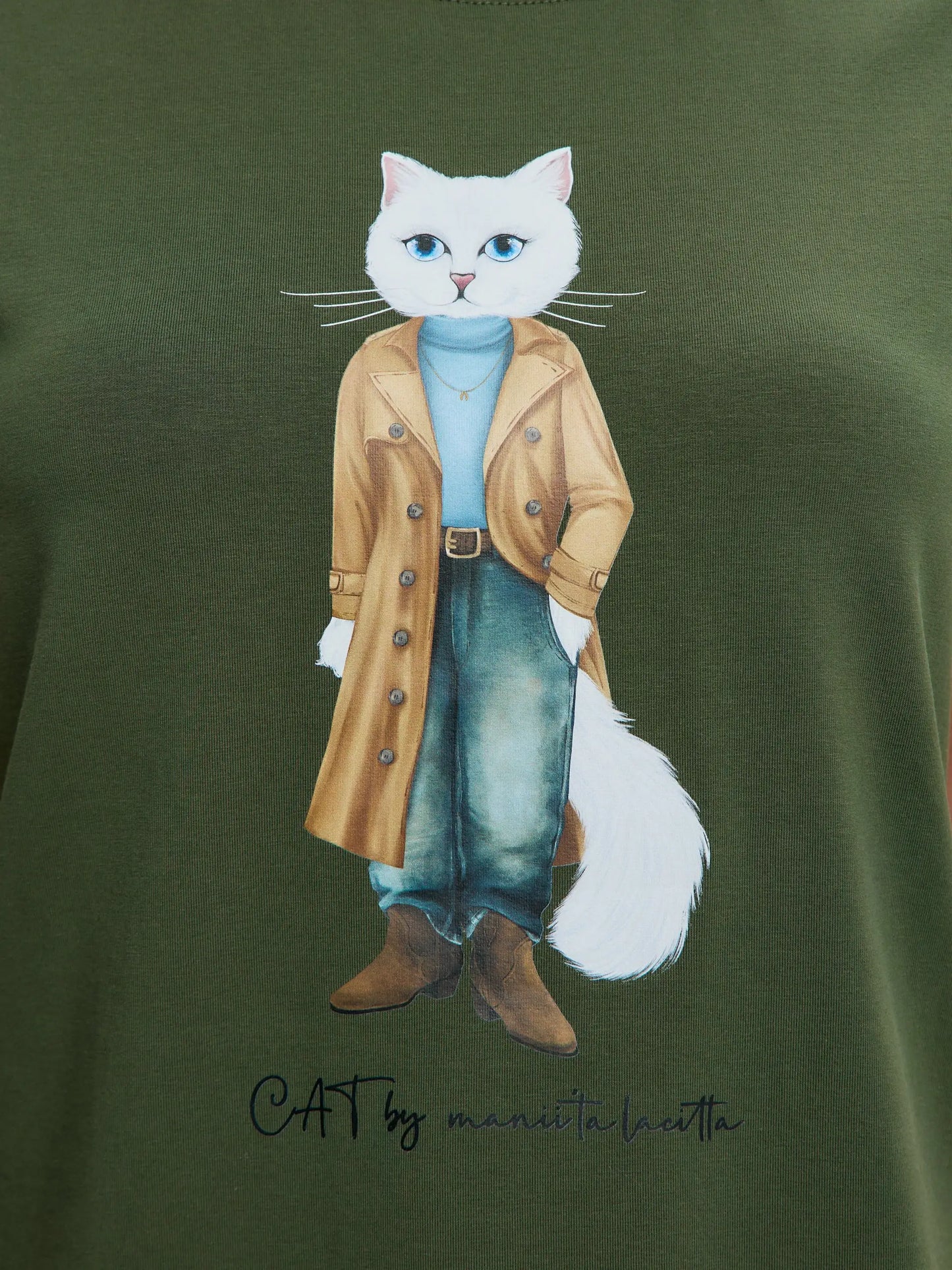 Olive t-shirt trench coat white cat - Funny Cat T-shirt | For Cat Lovers | CAT by maniita lacitta