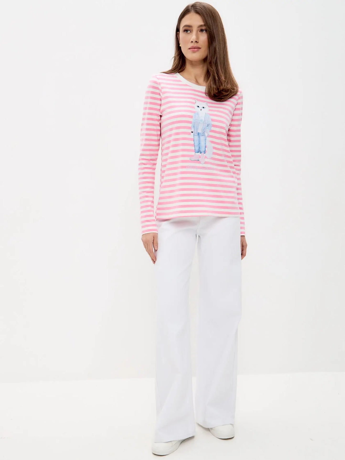 Pink longsleeve country white cat - Funny Cat Shirt & Striped shirt | For Cat Lovers | CAT by maniita