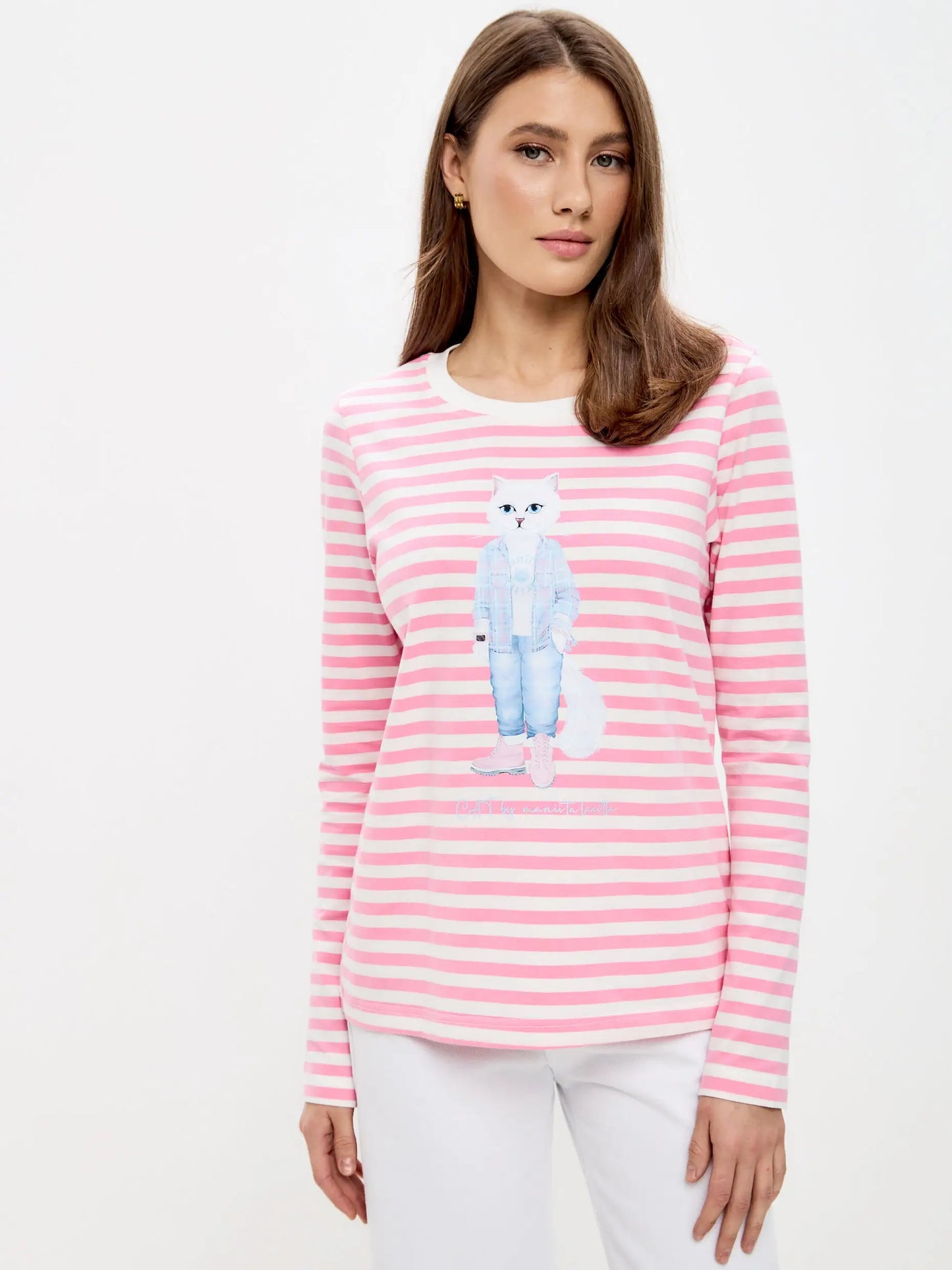 Pink longsleeve country white cat - Funny Cat Shirt & Striped shirt | For Cat Lovers | CAT by maniita