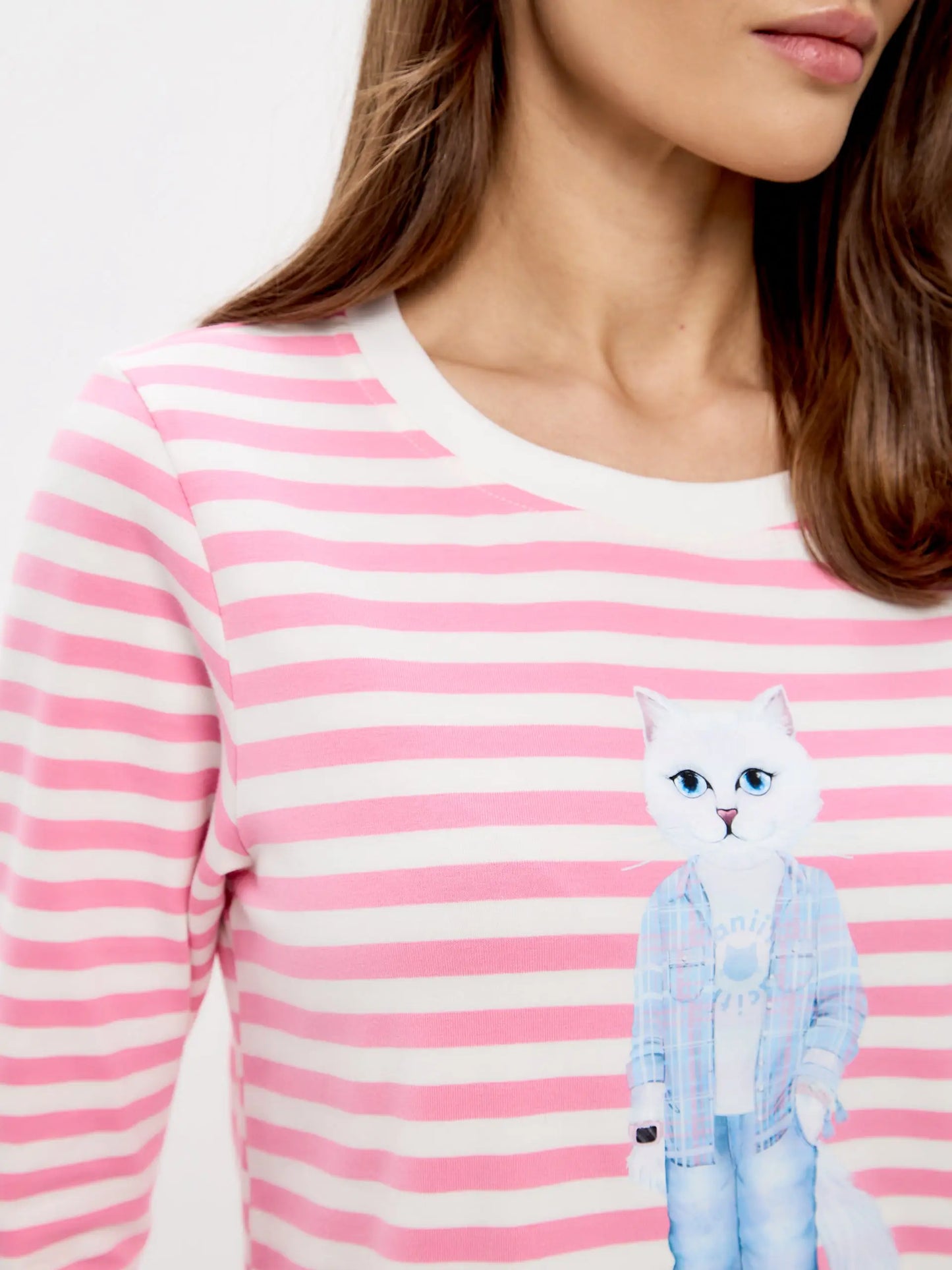 Pink longsleeve country white cat - Funny Cat Shirt & Striped shirt | For Cat Lovers | CAT by maniita