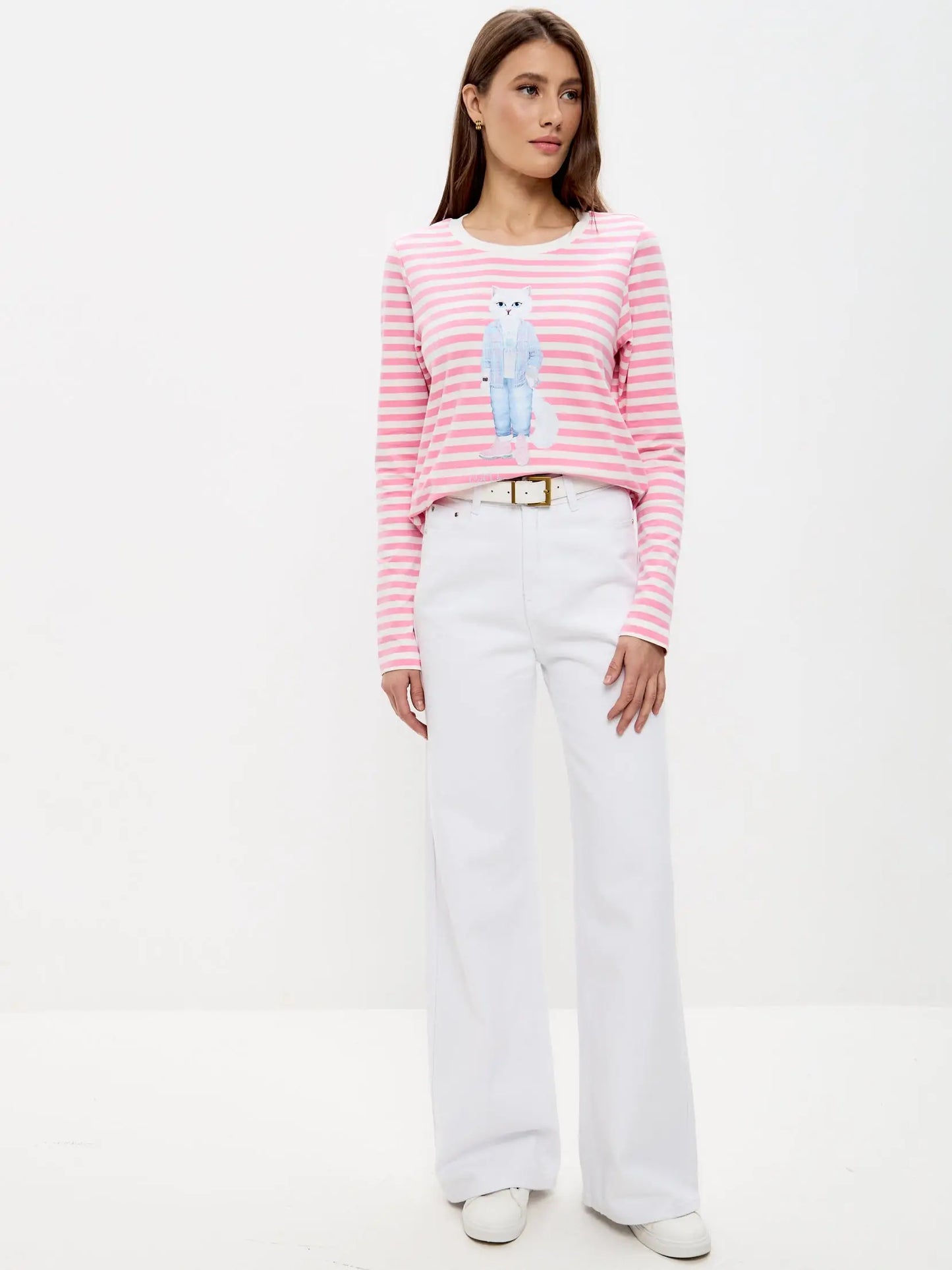 Pink longsleeve country white cat - Funny Cat Shirt & Striped shirt | For Cat Lovers | CAT by maniita
