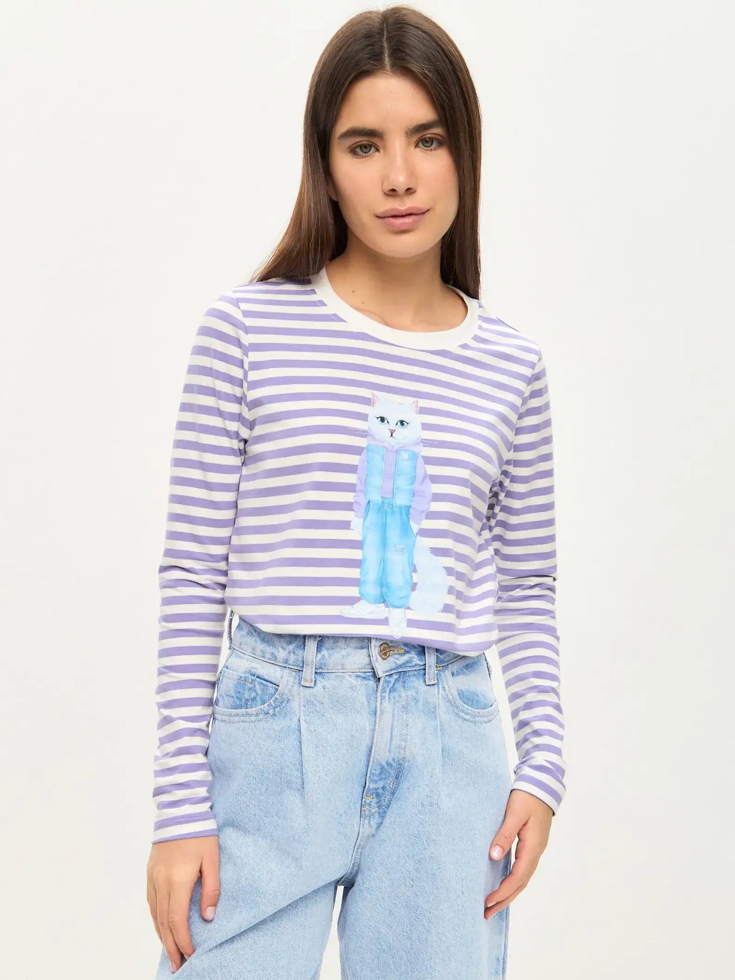 Purple Printed Longsleeve WALKING CAT - Shirt & Striped shirt
