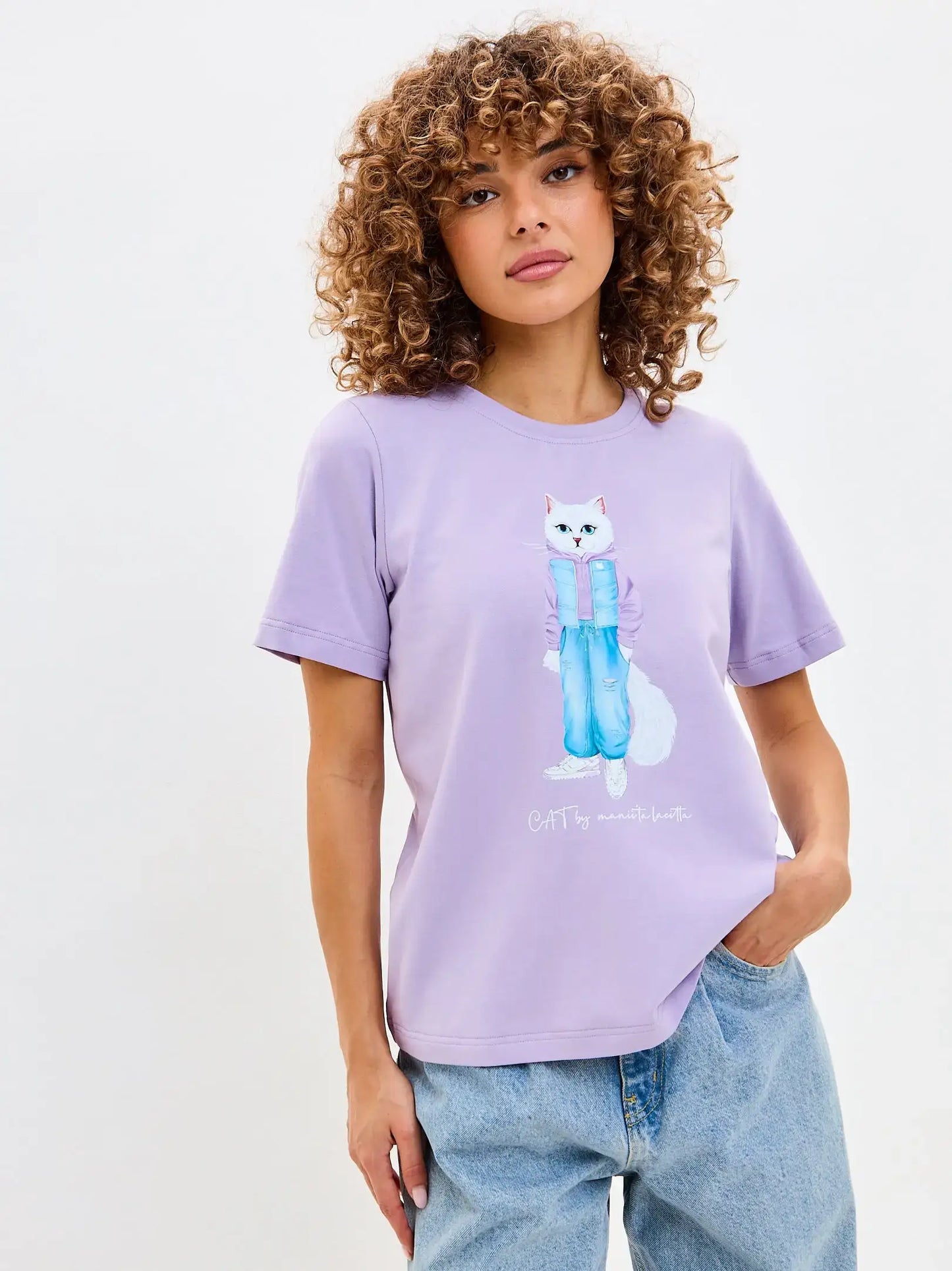 Purple Printed T-shirt WALKING CAT - T-shirt