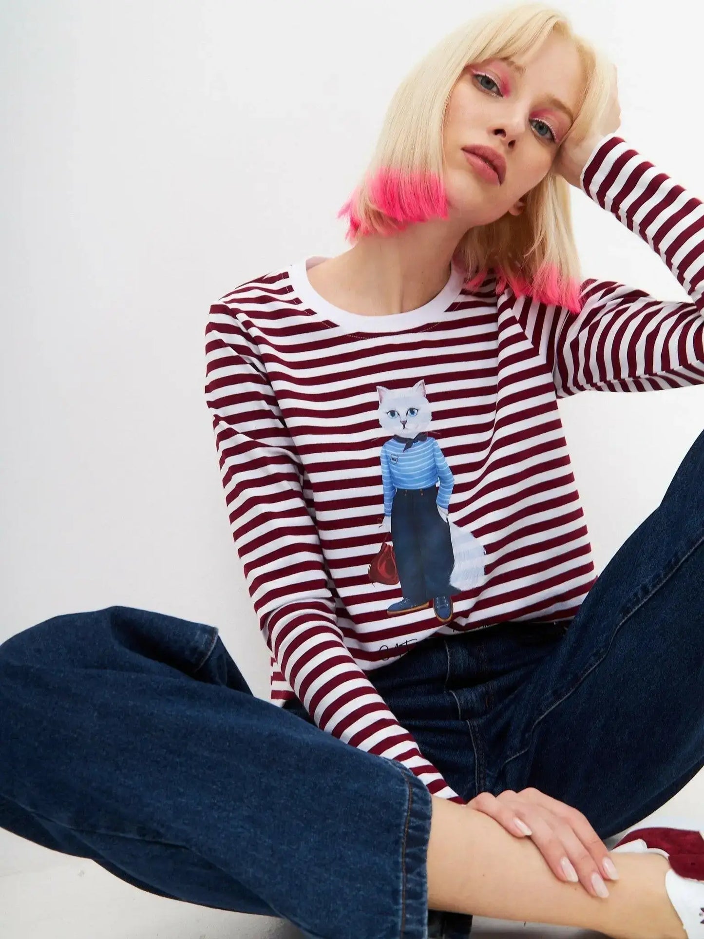 Red longsleeve mariner cat - Funny Cat Shirt & Striped shirt | For Cat Lovers | CAT by maniita