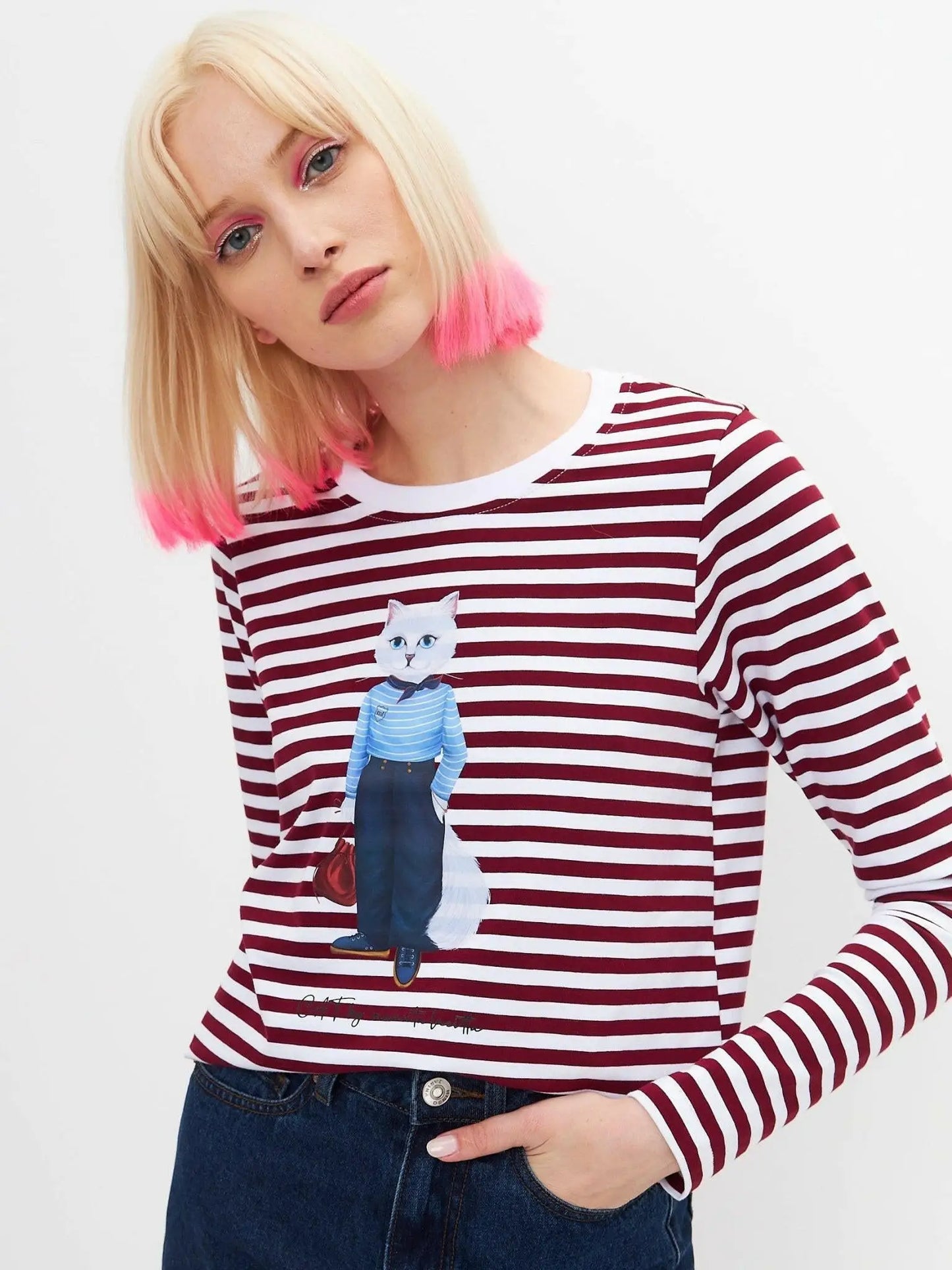 Red printed longsleeve mariner cat - Funny Cat Shirt & Striped shirt | For Cat Lovers | CAT by maniita