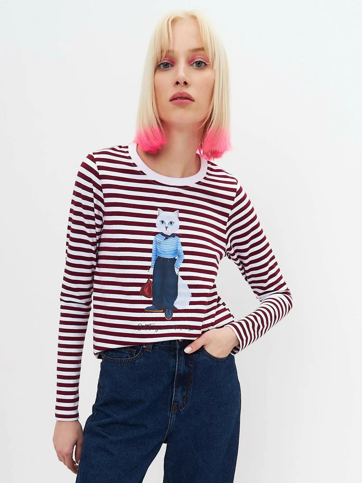 Red printed longsleeve mariner cat - Funny Cat Shirt & Striped shirt | For Cat Lovers | CAT by maniita