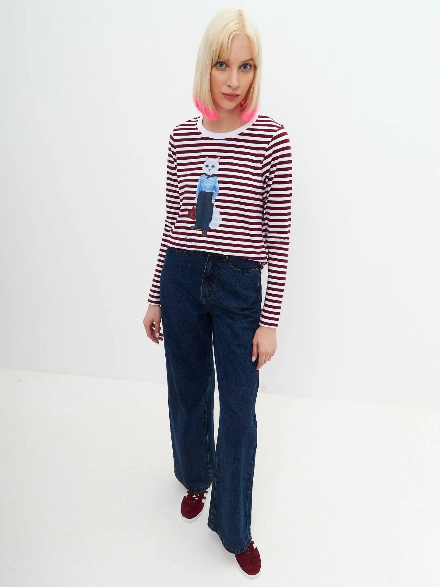 Red printed longsleeve mariner cat - Funny Cat Shirt & Striped shirt | For Cat Lovers | CAT by maniita